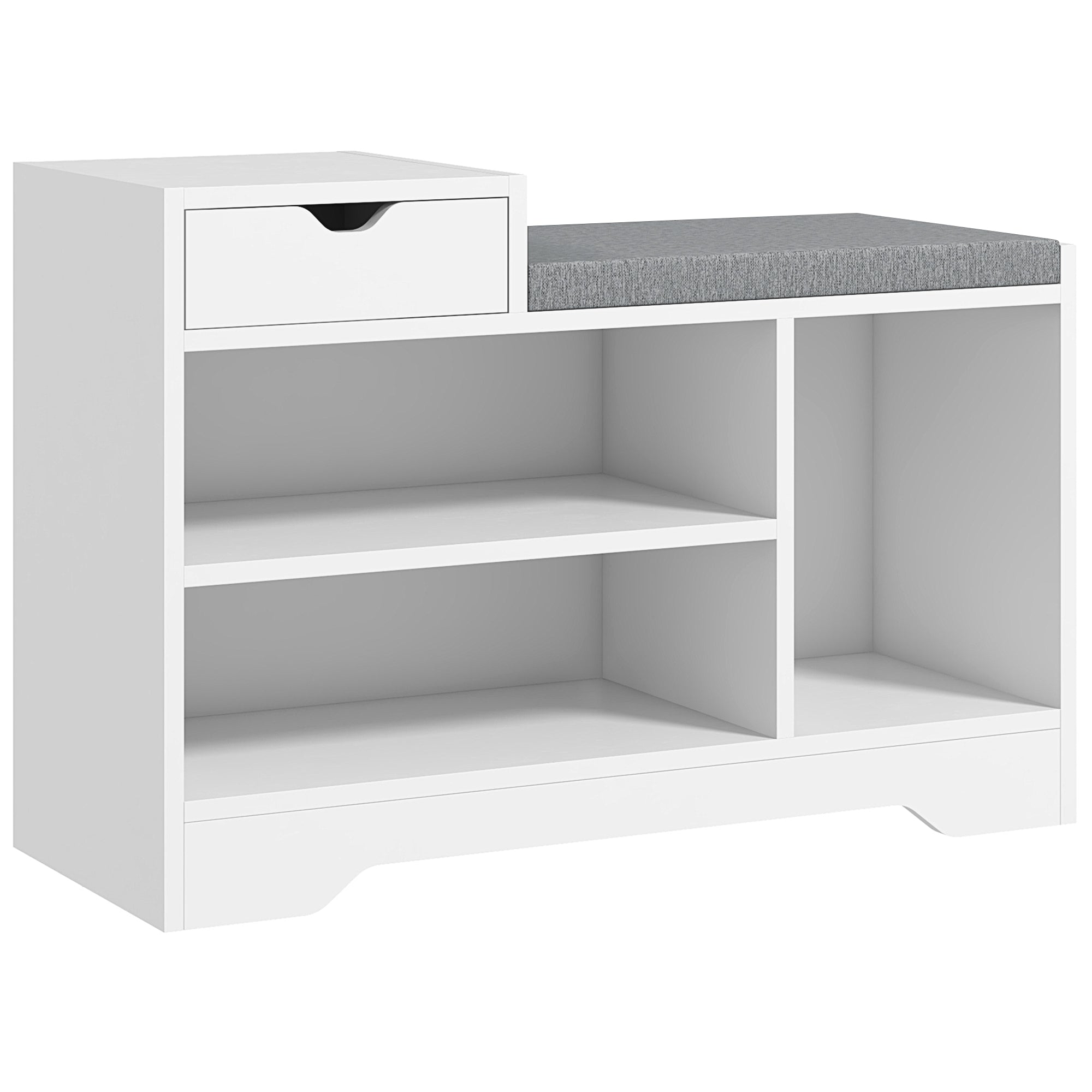 Banc à chaussures, banc de rangement, 1 tiroir et 3 compartiments, meuble d'entrée avec coussin rembourrée, pour couloir, entrée, chambre, 76,5 x 30 x 52 cm, blanc