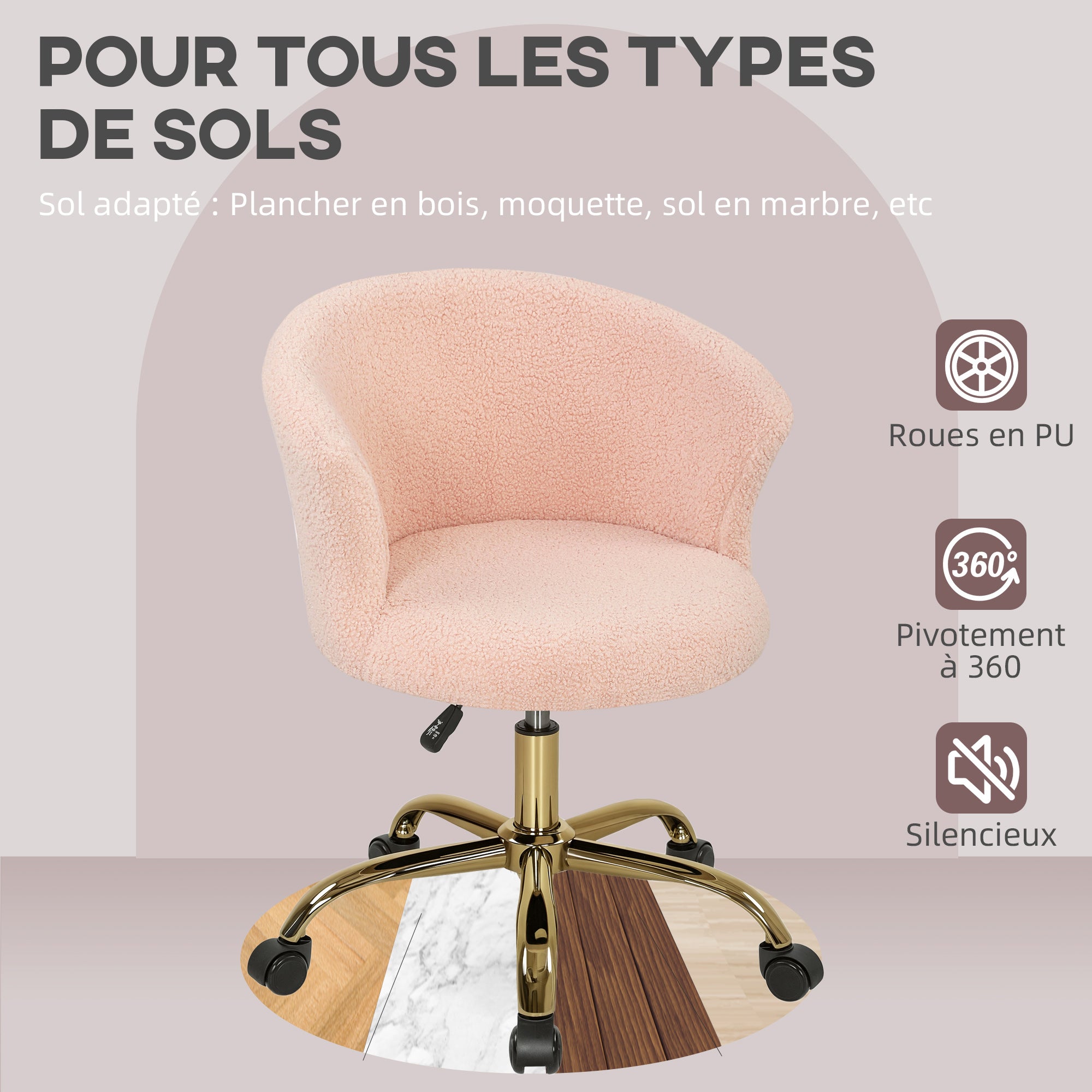 Chaise bureau ergonomique en polaire Teddy, chaise coiffeuse, fauteuil pivotante avec hauteur réglable, assise rembourrée et piètement acier doré, pour bureau, salon, chambre, rose