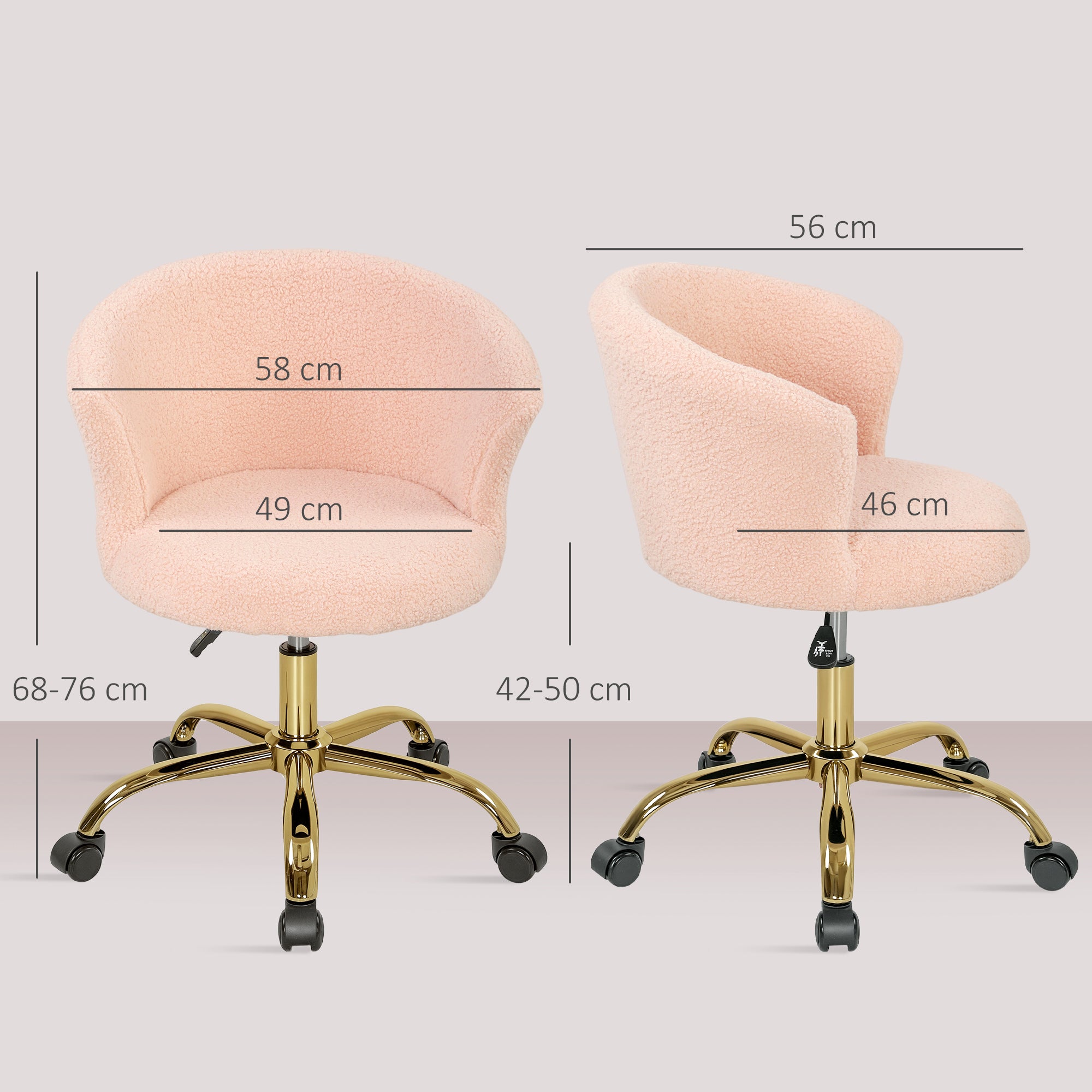 Chaise bureau ergonomique en polaire Teddy, chaise coiffeuse, fauteuil pivotante avec hauteur réglable, assise rembourrée et piètement acier doré, pour bureau, salon, chambre, rose