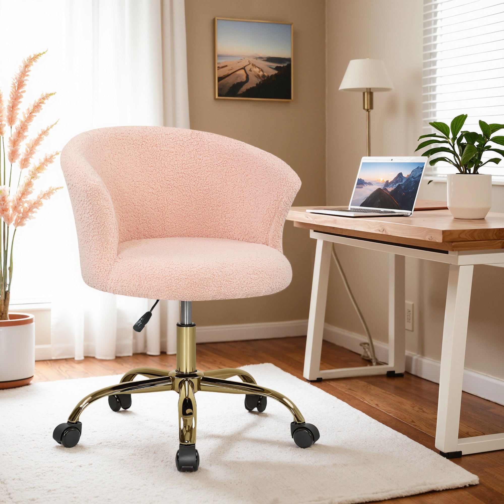 Chaise bureau ergonomique en polaire Teddy, chaise coiffeuse, fauteuil pivotante avec hauteur réglable, assise rembourrée et piètement acier doré, pour bureau, salon, chambre, rose