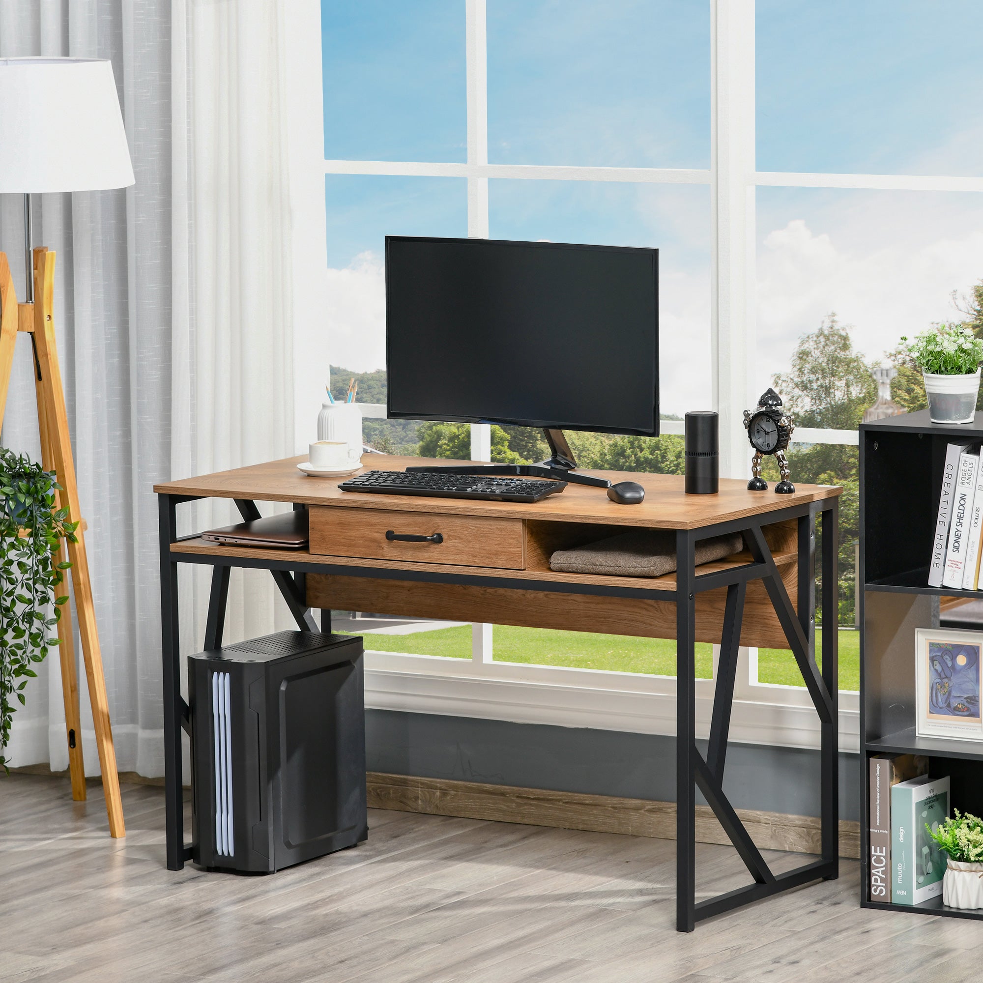 Bureau Style Industriel dim. 120L x 60l x 76H cm tiroir + 2 niches piètement métal Noir Plateau Aspect Bois Noyer