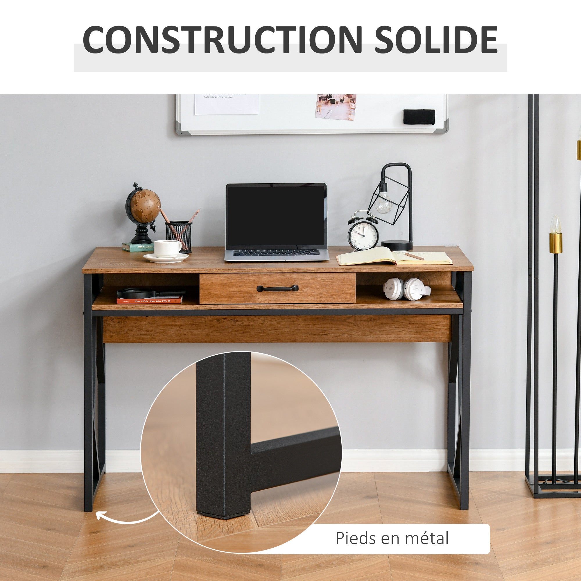 Bureau Style Industriel dim. 120L x 60l x 76H cm tiroir + 2 niches piètement métal Noir Plateau Aspect Bois Noyer