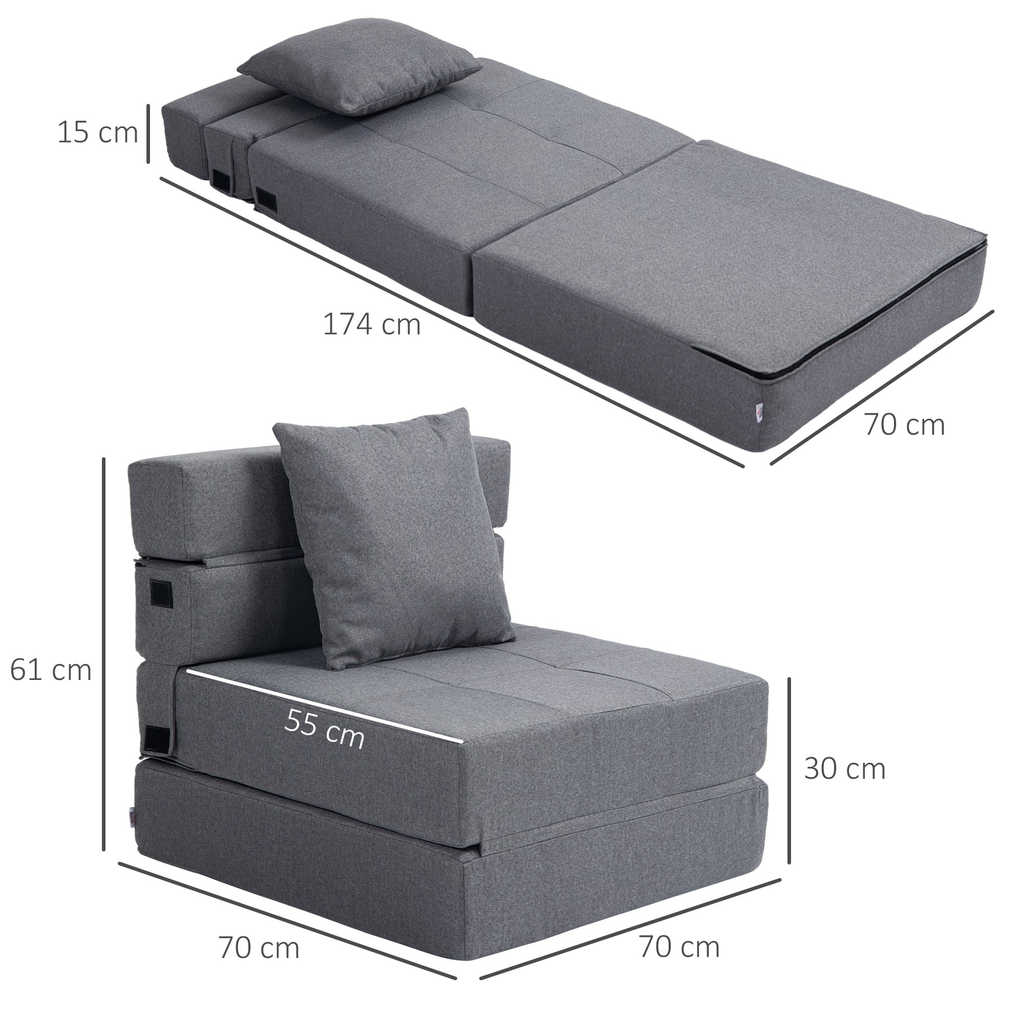 Fauteuil convertible 1 place fauteuil lit chauffeuse 1 place - coussin déhoussable inclus - chaise de sol pour invités, salon, charge 120 kg, gris foncé