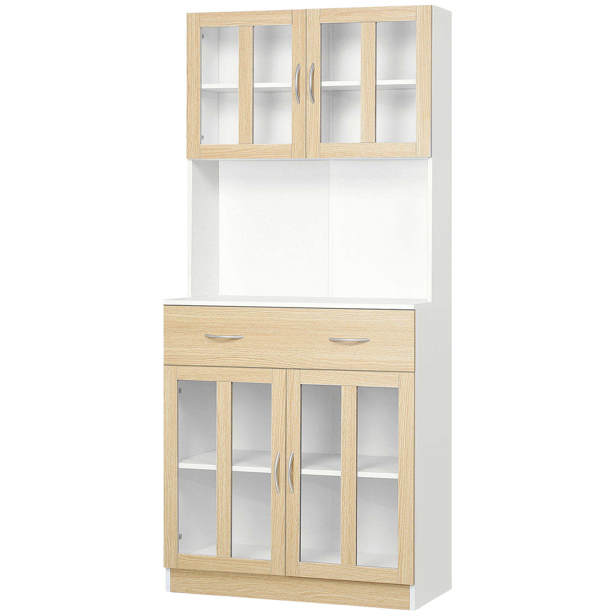 Buffet haut de Cuisine Armoire de Cuisine Multi-Rangement 4 Portes vitrine Verre avec étagère tiroir Coulissant Grand Plateau en Bois Blanc Aspect chêne Clair