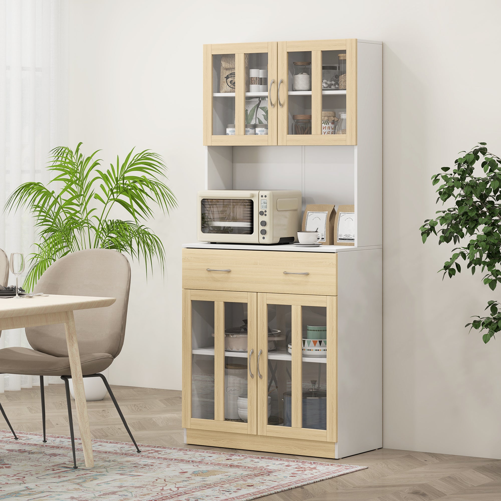 Buffet haut de Cuisine Armoire de Cuisine Multi-Rangement 4 Portes vitrine Verre avec étagère tiroir Coulissant Grand Plateau en Bois Blanc Aspect chêne Clair