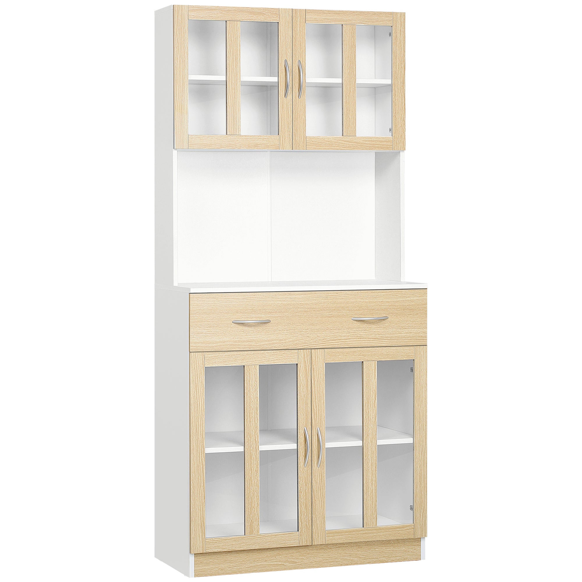 Buffet haut de Cuisine Armoire de Cuisine Multi-Rangement 4 Portes vitrine Verre avec étagère tiroir Coulissant Grand Plateau en Bois Blanc Aspect chêne Clair