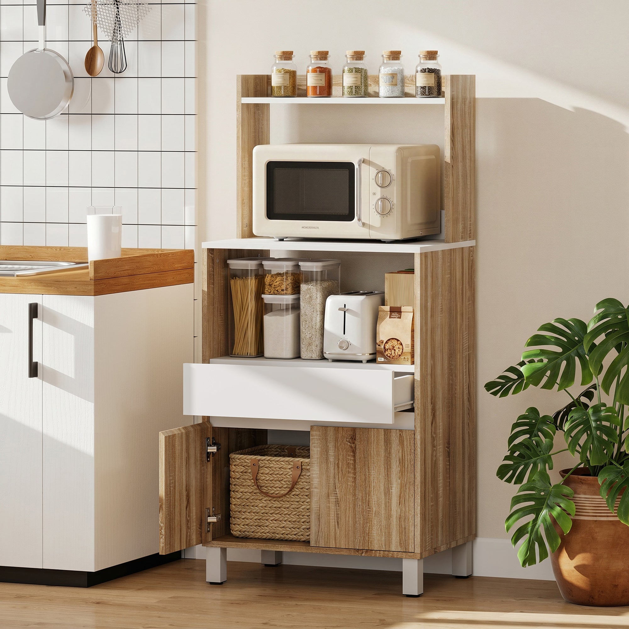 Meuble Micro-Ondes, Buffet Cuisine avec Tiroir, 2 Portes à Fermeture Douce, Plan de Travail et Étagères Ouvertes, Meuble de Rangement pour Salle à Manger, Salon, 60x40x131cm, Chêne et Blanc
