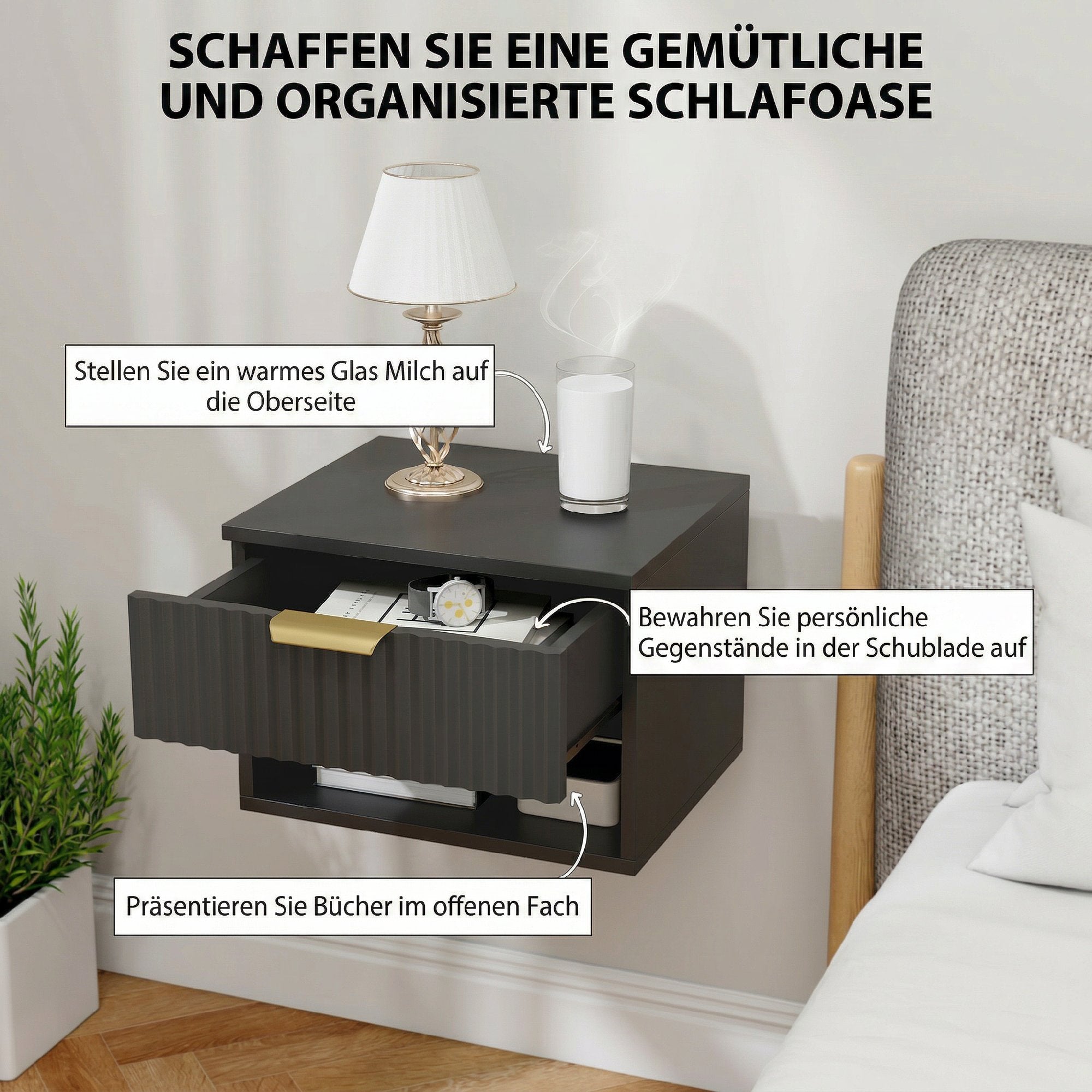 Lot de 2 tables de chevet suspendues, tables de nuit murales avec tiroir à fermeture douce et niche de rangement, moderne pour chambre, salon, 40 x 34 x 29 cm, noir