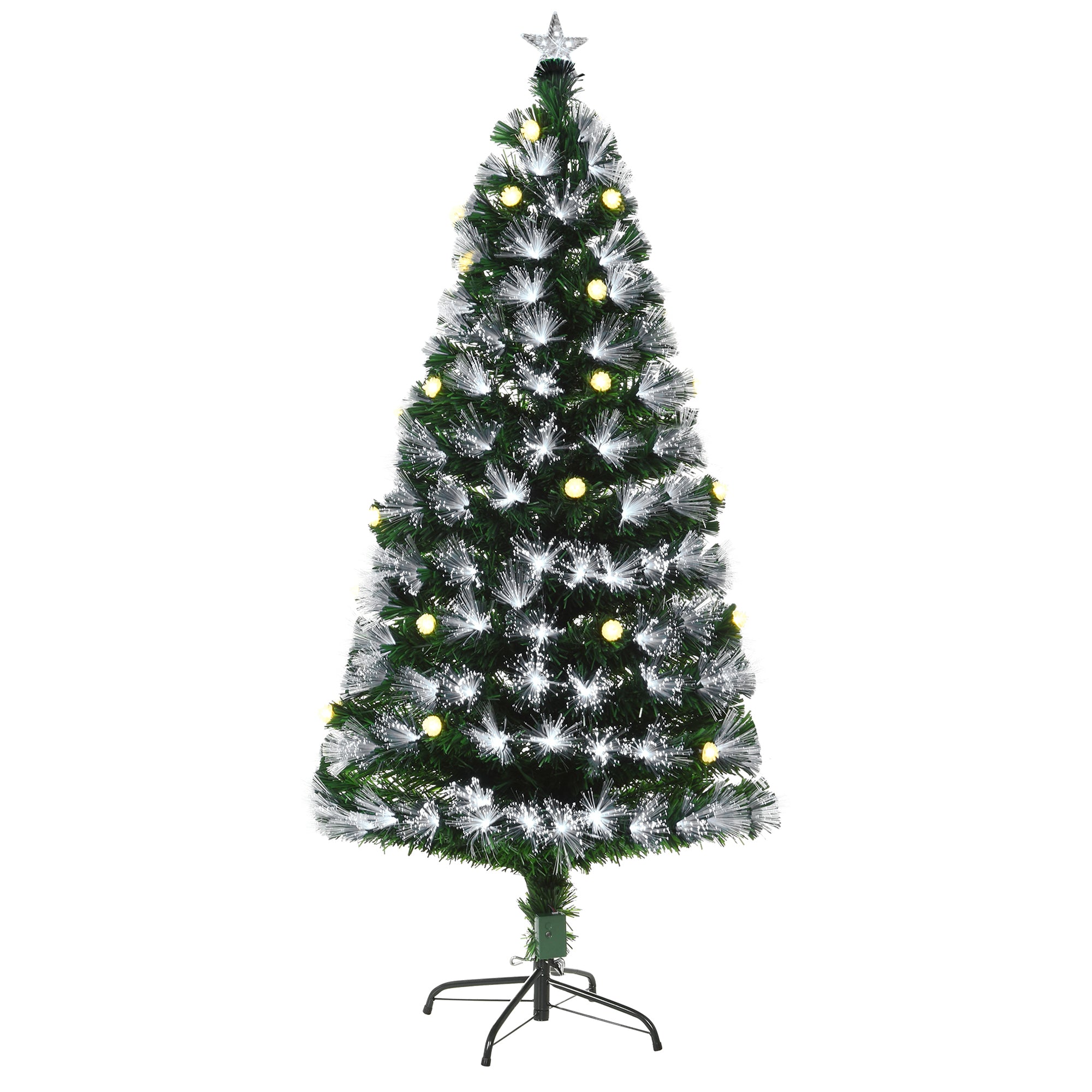 Sapin de Noël Artificiel Lumineux 120H cm Fibre Optique LED + 20 Ampoules + Support Pied 130 Branches étoile Sommet Brillante Vert