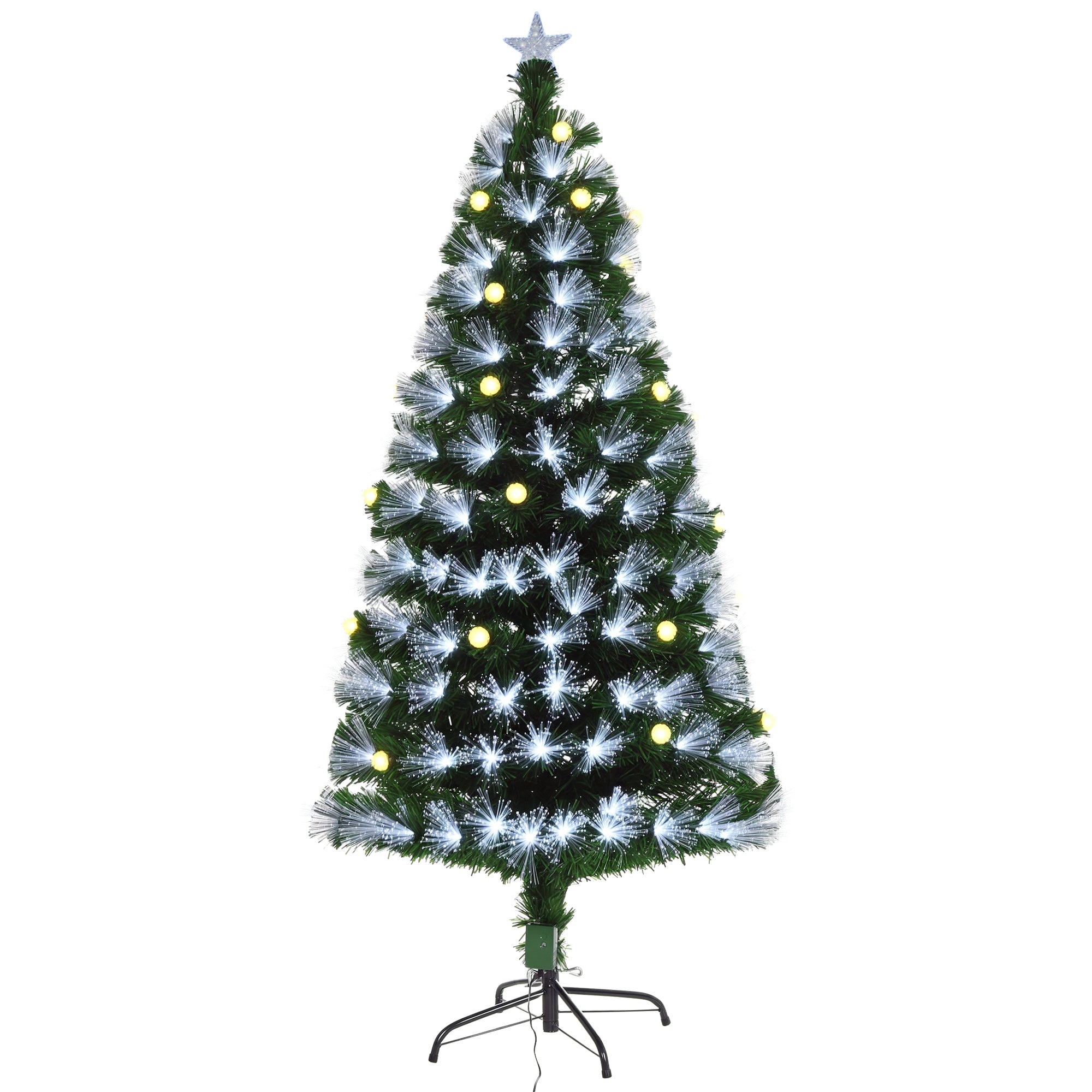 Sapin de Noël Artificiel Lumineux 120H cm Fibre Optique LED + 20 Ampoules + Support Pied 130 Branches étoile Sommet Brillante Vert