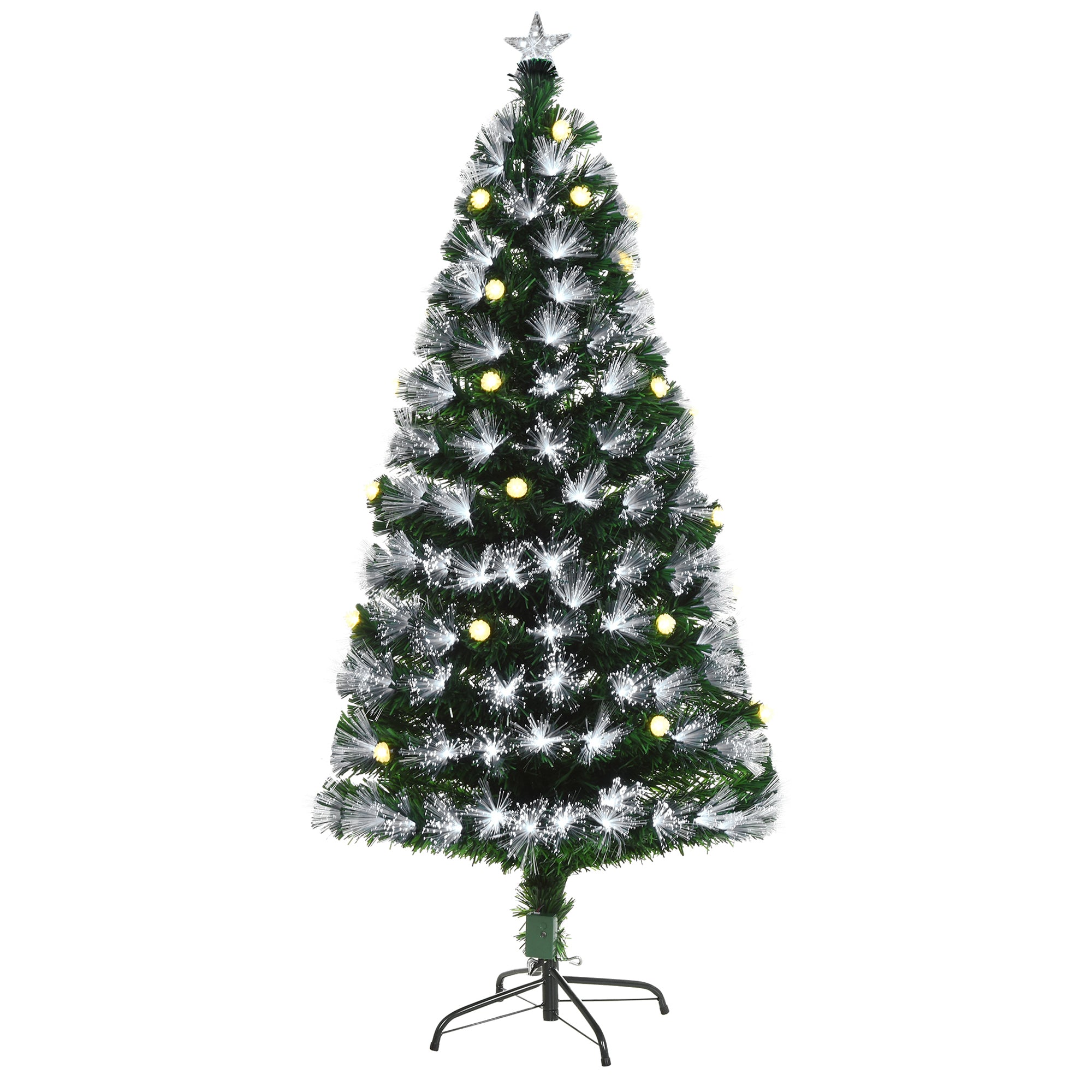 Sapin de Noël Artificiel Lumineux 120H cm Fibre Optique LED + 20 Ampoules + Support Pied 130 Branches étoile Sommet Brillante Vert