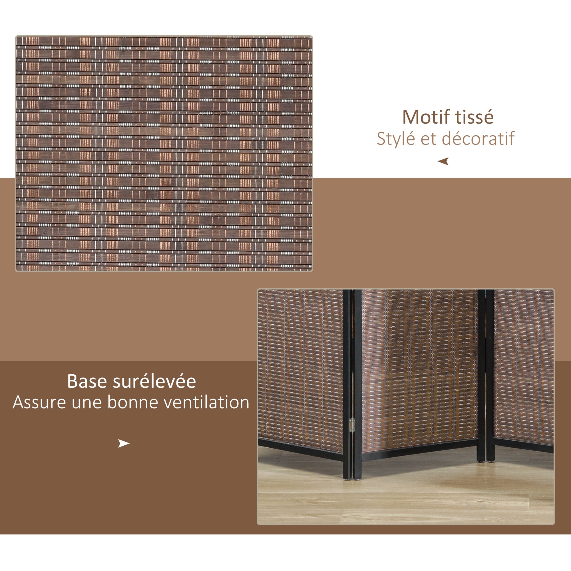 Paravent interieur en bois 4 panneaux 180 x 180 cm séparateur de pièce pliable cloison de séparation pour salon chambre à coucher maison, marron