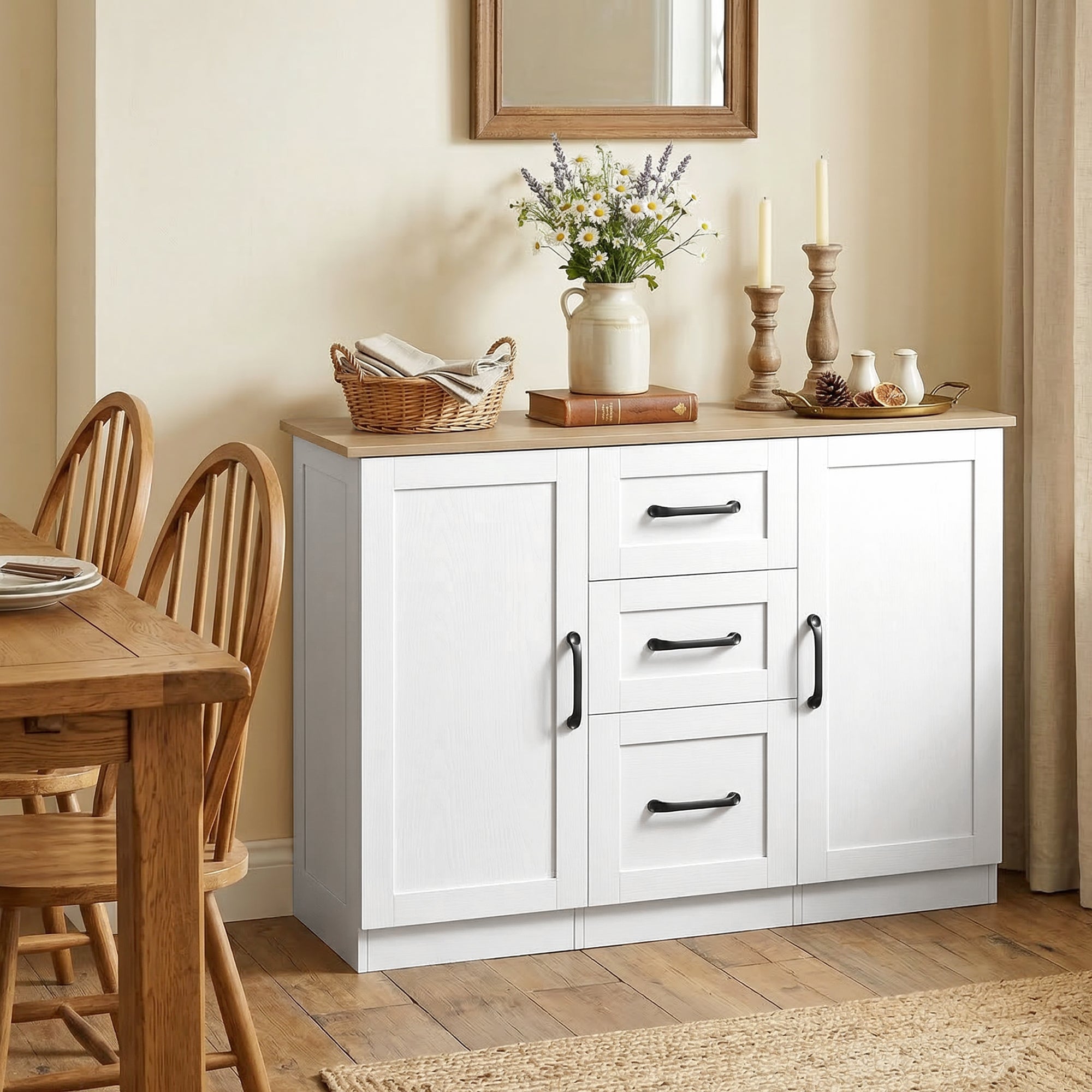 Buffet salon, meuble de rangement avec 2 portes à fermeture douce et 3 tiroirs, style moderne, buffet salle à manger et cuisine, 110 x 35 x 80,4 cm, blanc et bois naturel