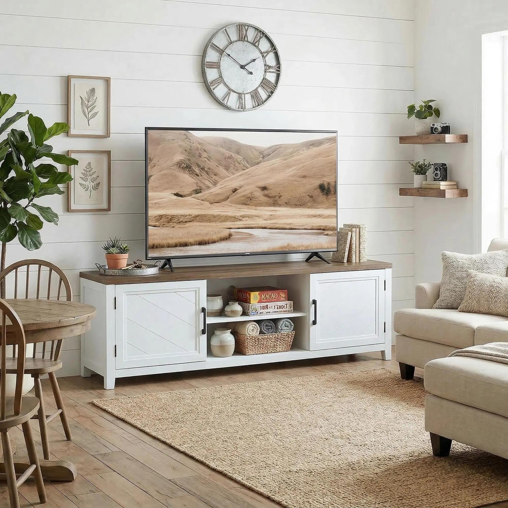 Meuble TV 140 cm, meuble télé pour téléviseur jusqu'à 42 pouces avec 2 portes, 2 compartiments ouverts, style rustique, banc TV pour salon, chambre, blanc et marron