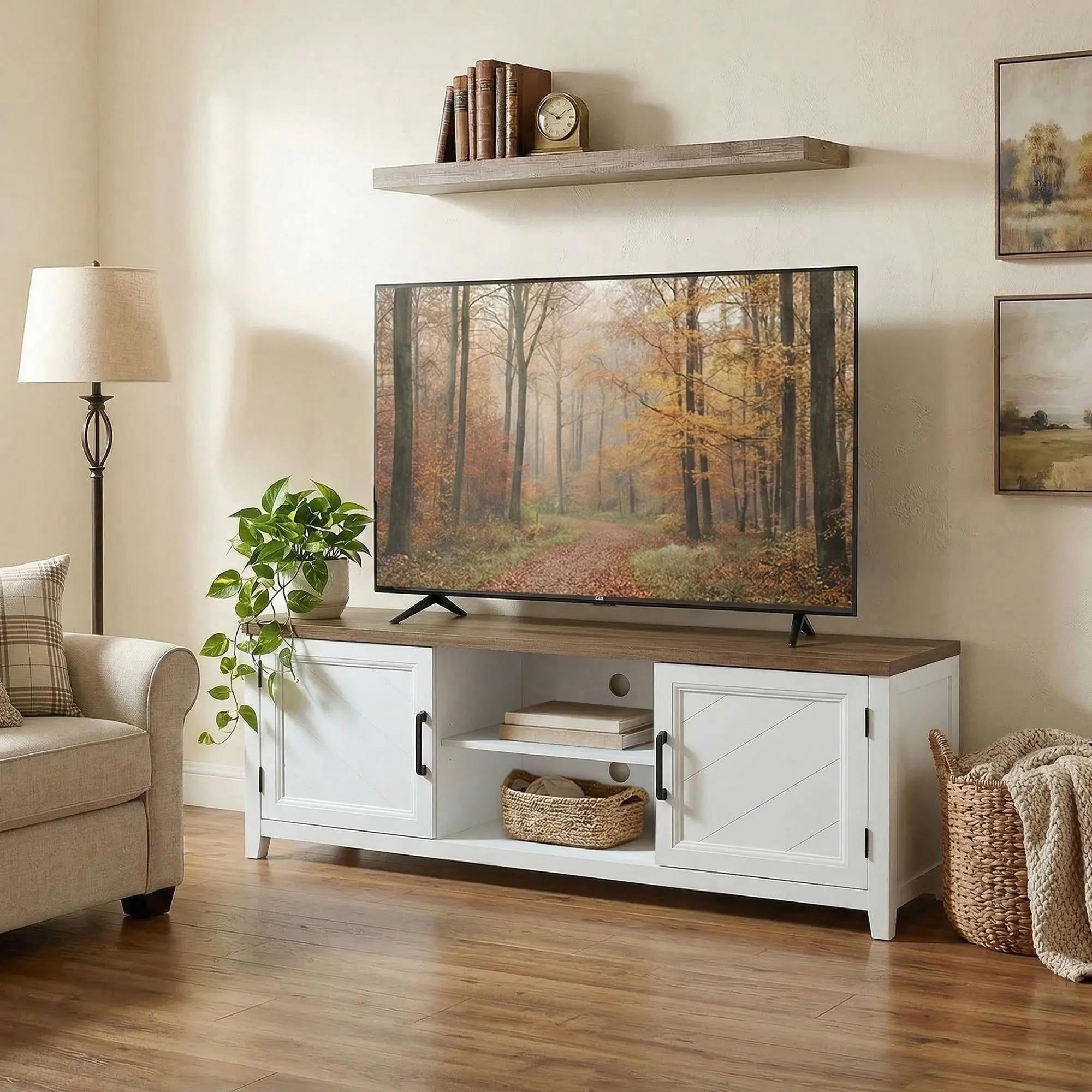 Meuble TV 140 cm, meuble télé pour téléviseur jusqu'à 42 pouces avec 2 portes, 2 compartiments ouverts, style rustique, banc TV pour salon, chambre, blanc et marron