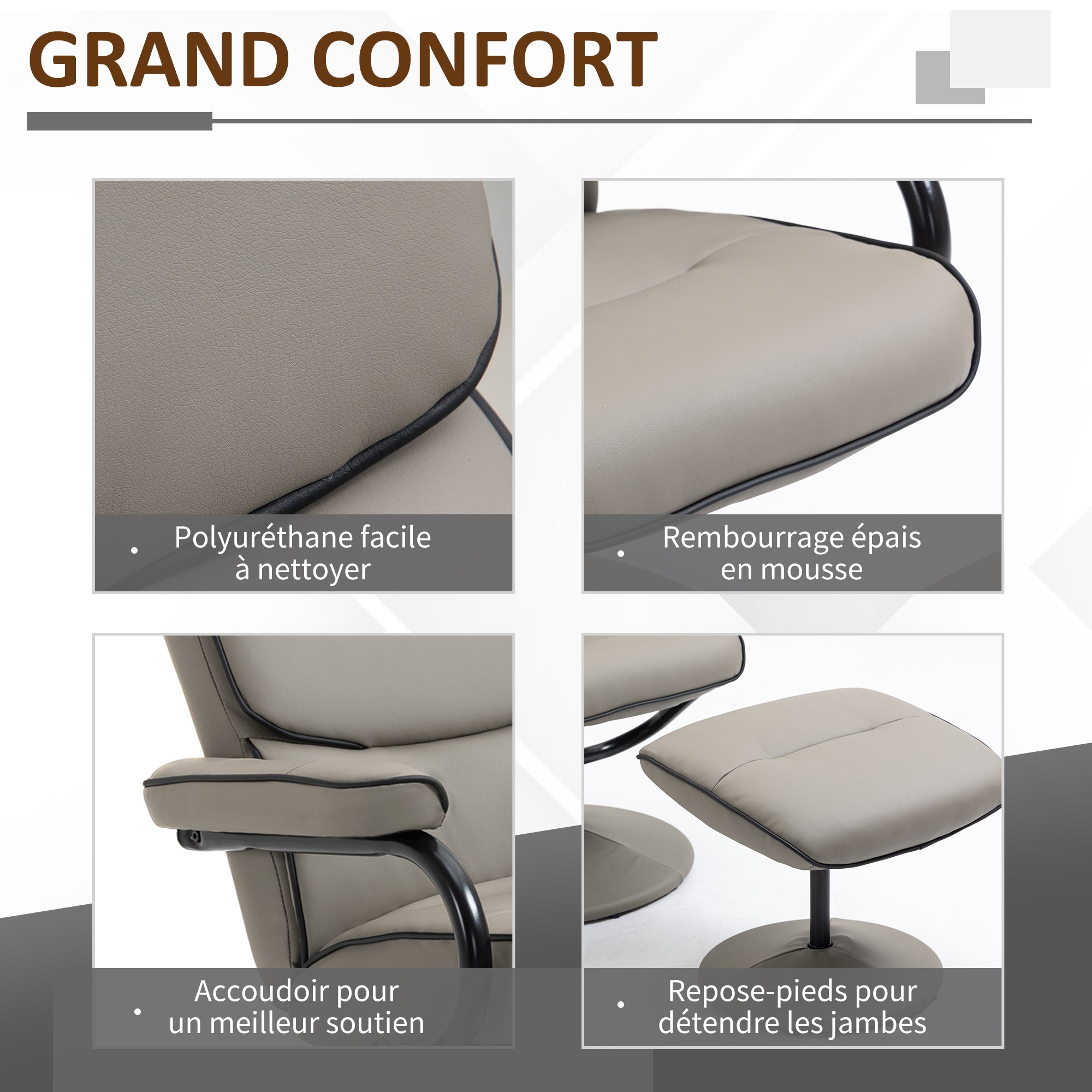 Fauteuil relax avec pouf, fauteuil TV avec dossier inclinable, siège pivotant à 360°, assise rembourrée confortable, jusqu'à 130 kg, pour salon, chambre, gris
