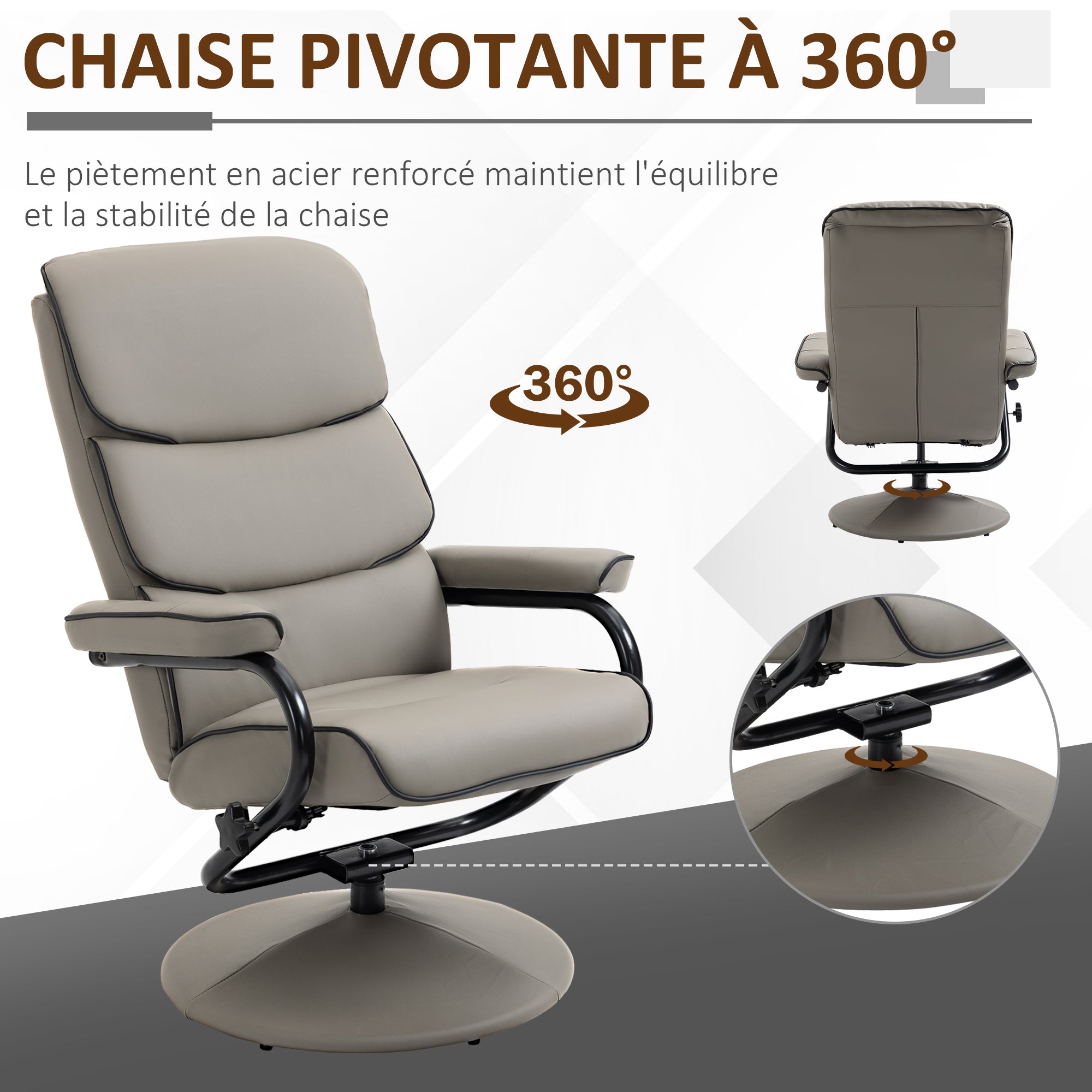 Fauteuil relax avec pouf, fauteuil TV avec dossier inclinable, siège pivotant à 360°, assise rembourrée confortable, jusqu'à 130 kg, pour salon, chambre, gris