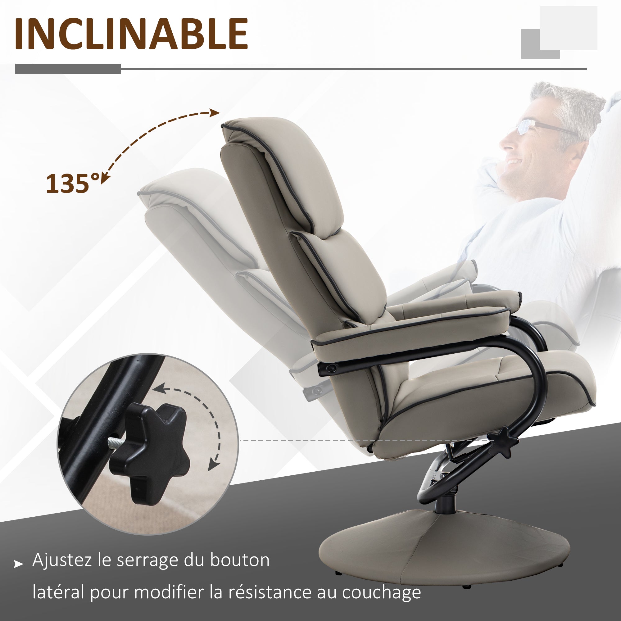Fauteuil relax avec pouf, fauteuil TV avec dossier inclinable, siège pivotant à 360°, assise rembourrée confortable, jusqu'à 130 kg, pour salon, chambre, gris