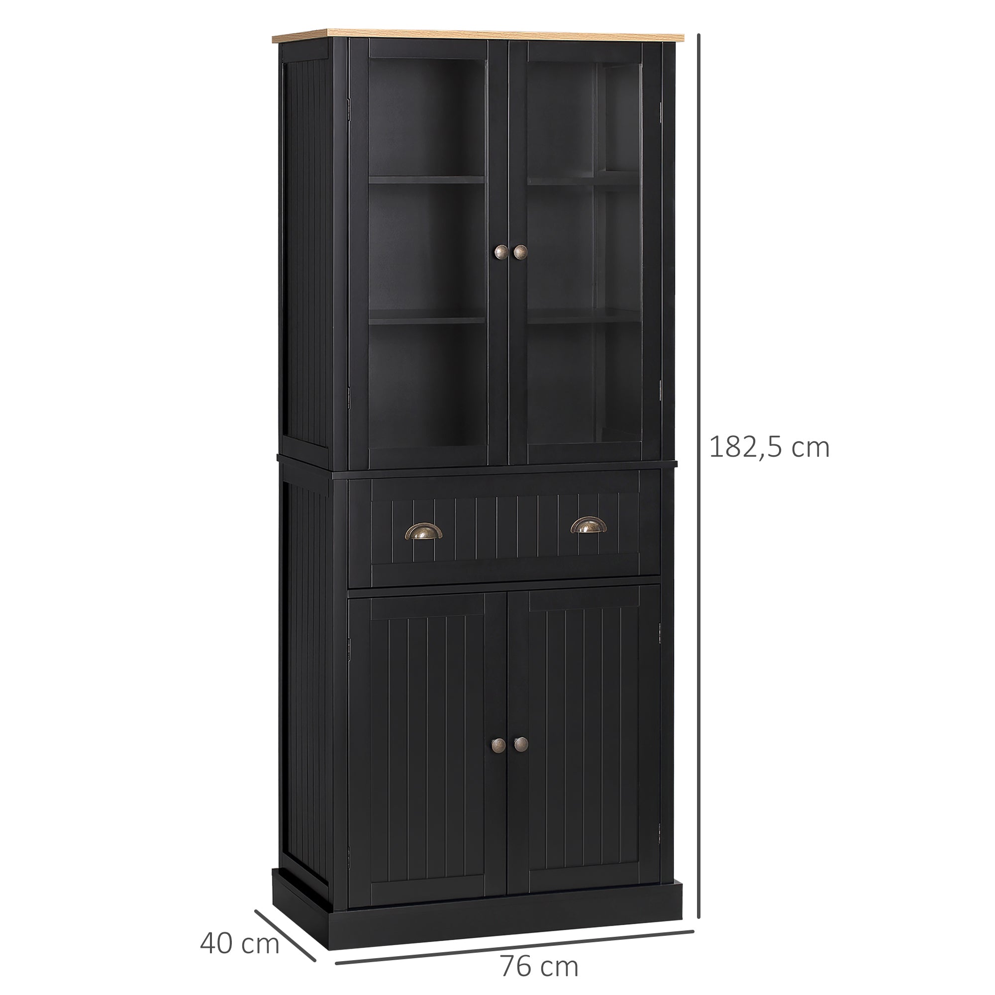 Buffet meuble cuisine rangement armoire de cuisine 4 portes dont 2 portes vitrées et 1 tiroir hauteur 182,5 cm avec étagères réglables - noir
