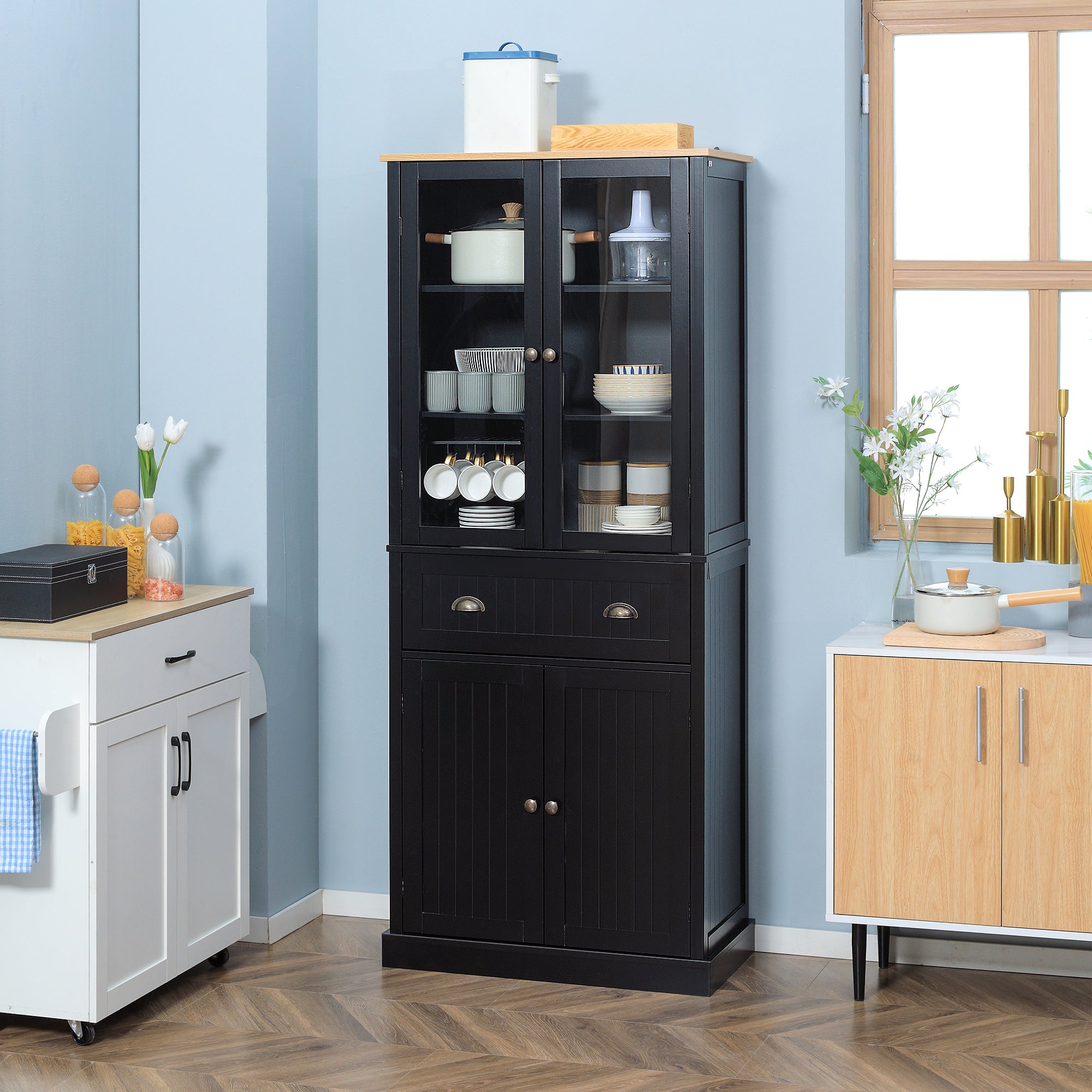 Buffet meuble cuisine rangement armoire de cuisine 4 portes dont 2 portes vitrées et 1 tiroir hauteur 182,5 cm avec étagères réglables - noir