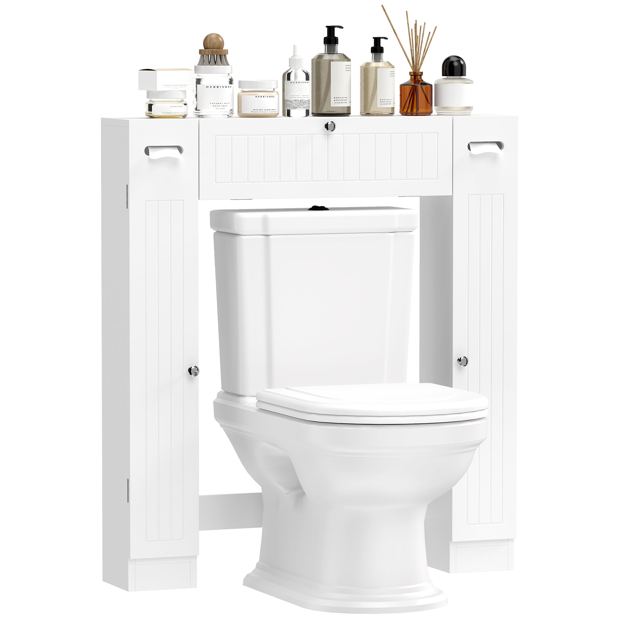 Meuble WC dessus de toilette, armoire au-dessus des toilettes avec 2 placards, tiroir basculant, porte-papier et étagères réglables, 88 x 18 x 98 cm, blanc