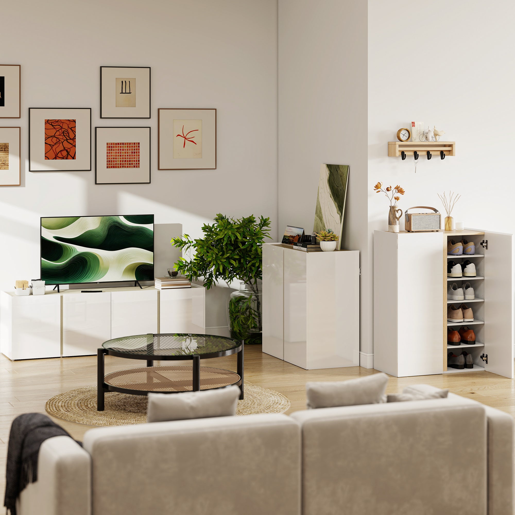 Buffet à haute brillance, meuble de rangement avec 2 portes à fermeture amortie et étagère réglable, style moderne, buffet salle à manger, cuisine et salon, 80 x 40 x 80 cm, blanc