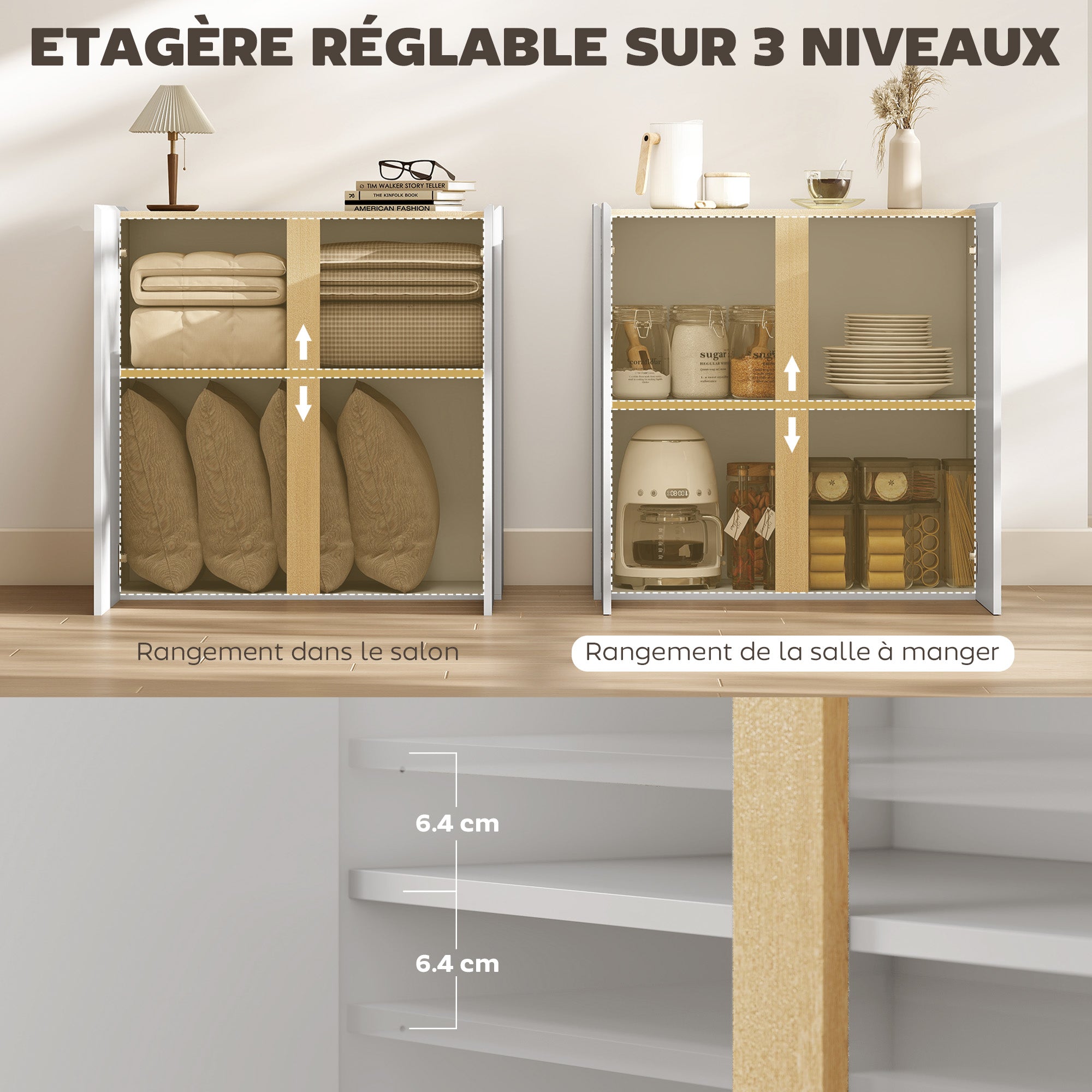 Buffet à haute brillance, meuble de rangement avec 2 portes à fermeture amortie et étagère réglable, style moderne, buffet salle à manger, cuisine et salon, 80 x 40 x 80 cm, blanc