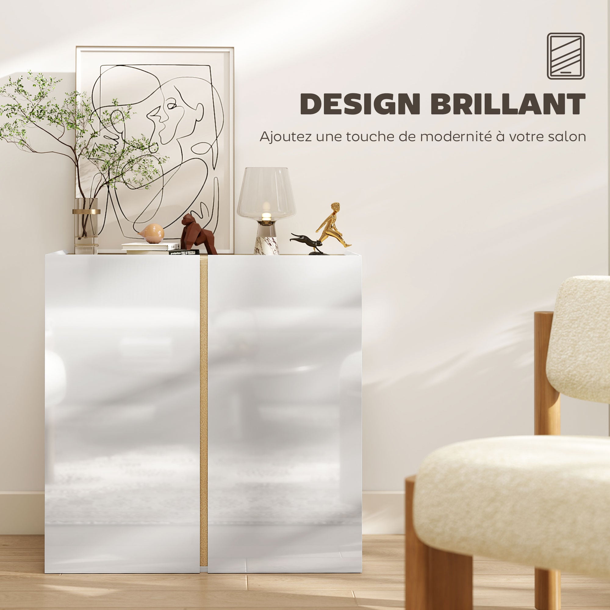 Buffet à haute brillance, meuble de rangement avec 2 portes à fermeture amortie et étagère réglable, style moderne, buffet salle à manger, cuisine et salon, 80 x 40 x 80 cm, blanc