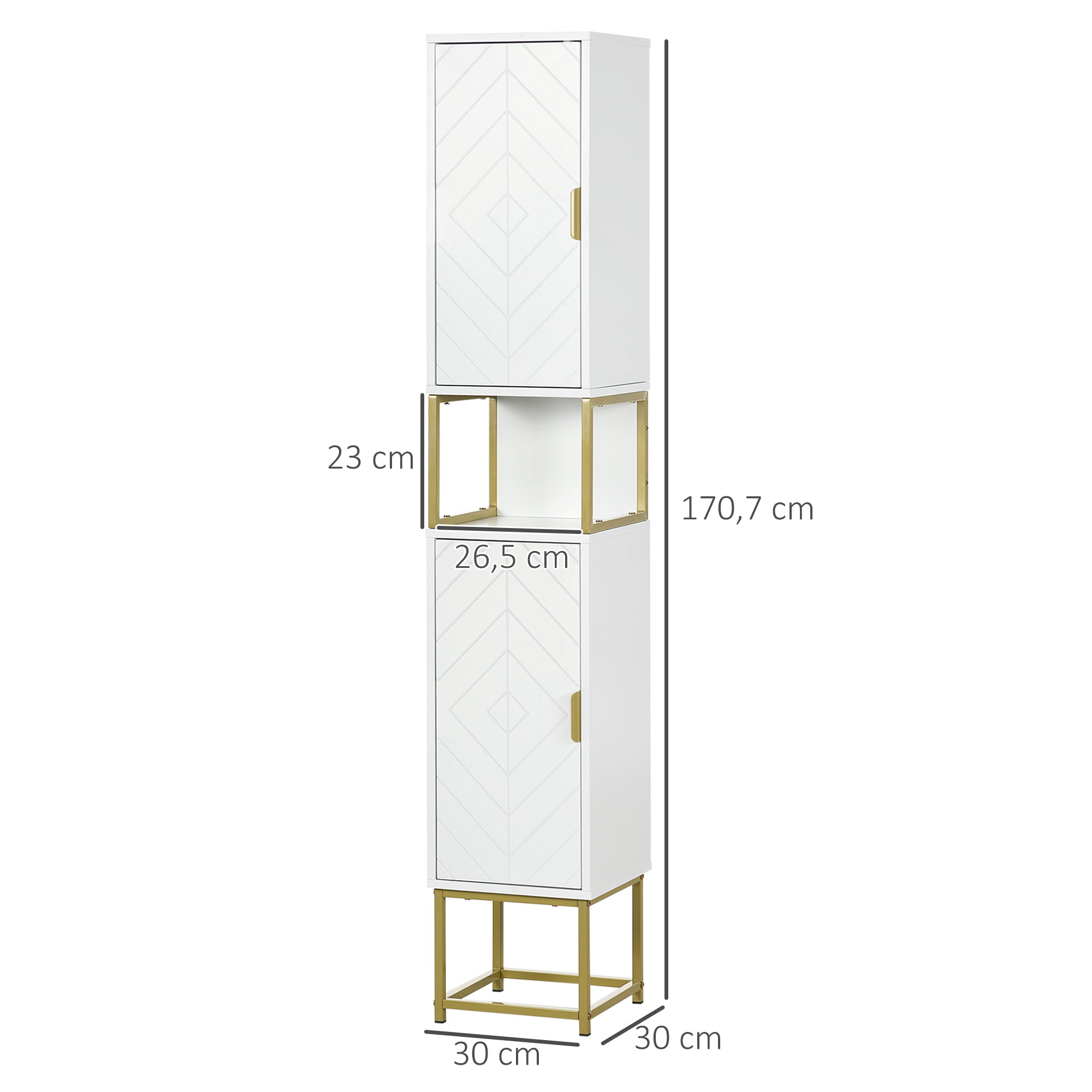 Meuble colonne rangement salle de bain avec niche et 2 placards étagère réglable pieds en acier doré dim. 30L x 30l x 170,7H cm blanc
