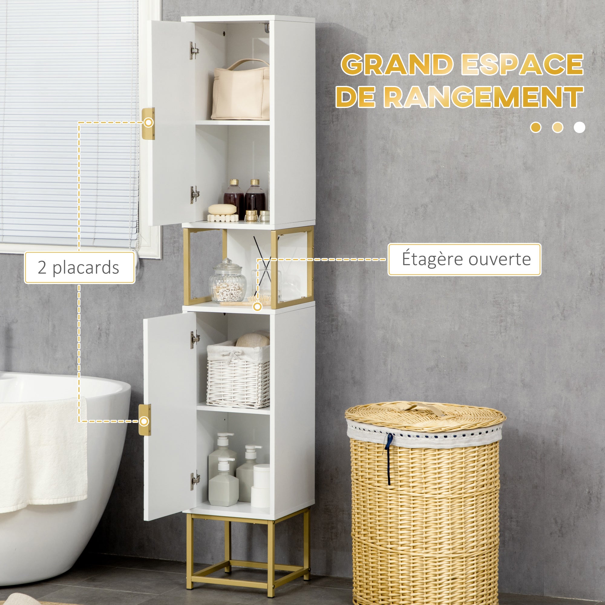 Meuble colonne rangement salle de bain avec niche et 2 placards étagère réglable pieds en acier doré dim. 30L x 30l x 170,7H cm blanc