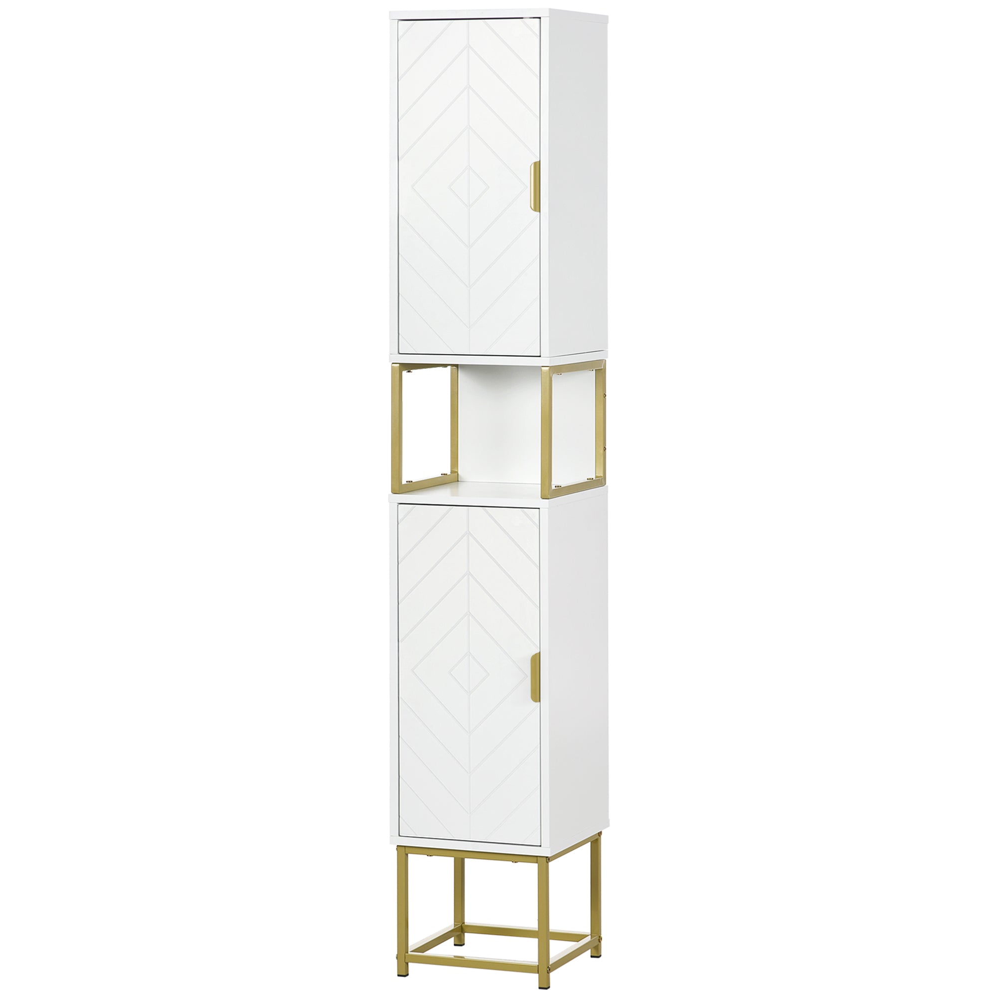 Meuble colonne rangement salle de bain avec niche et 2 placards étagère réglable pieds en acier doré dim. 30L x 30l x 170,7H cm blanc