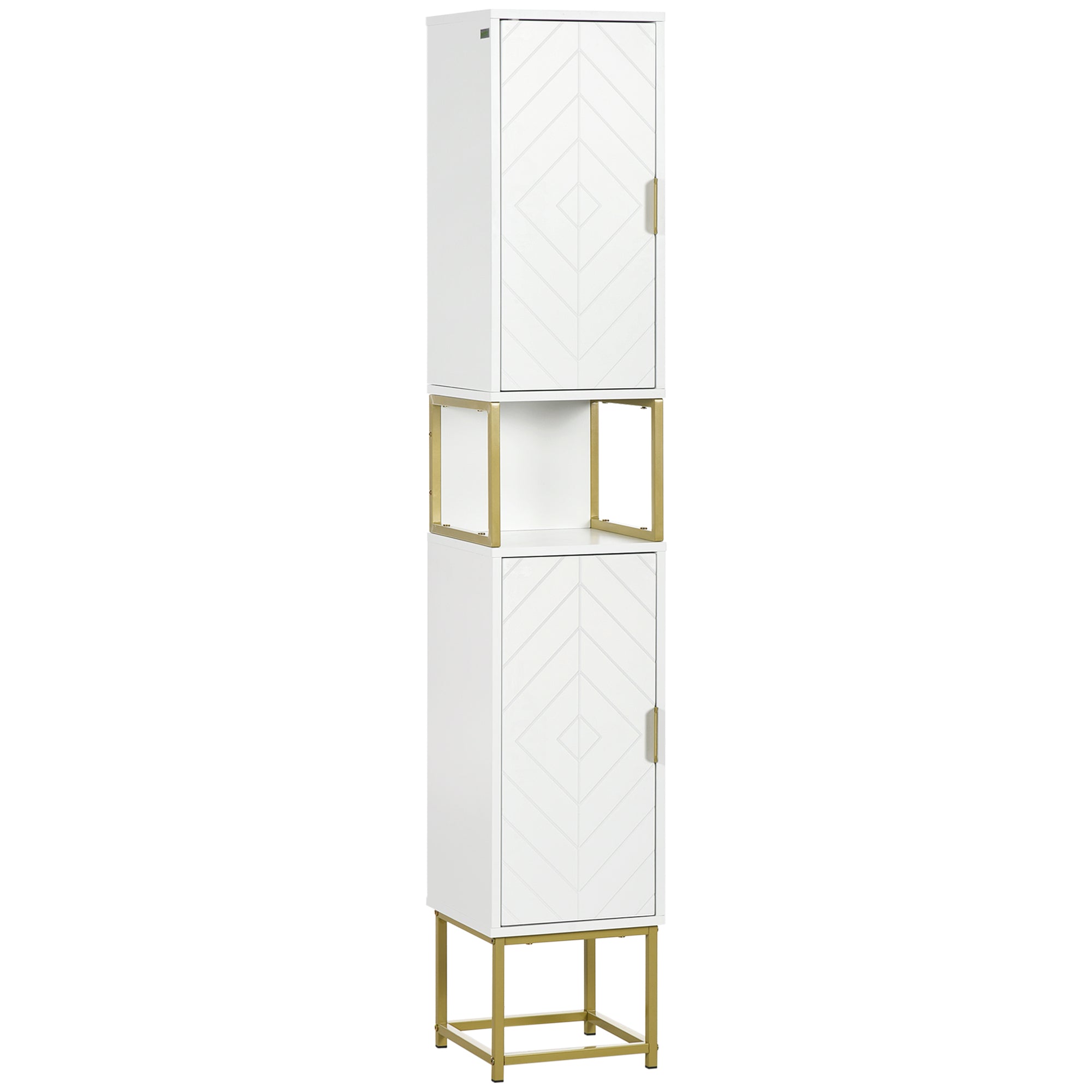 Meuble colonne rangement salle de bain avec niche et 2 placards étagère réglable pieds en acier doré dim. 30L x 30l x 170,7H cm blanc