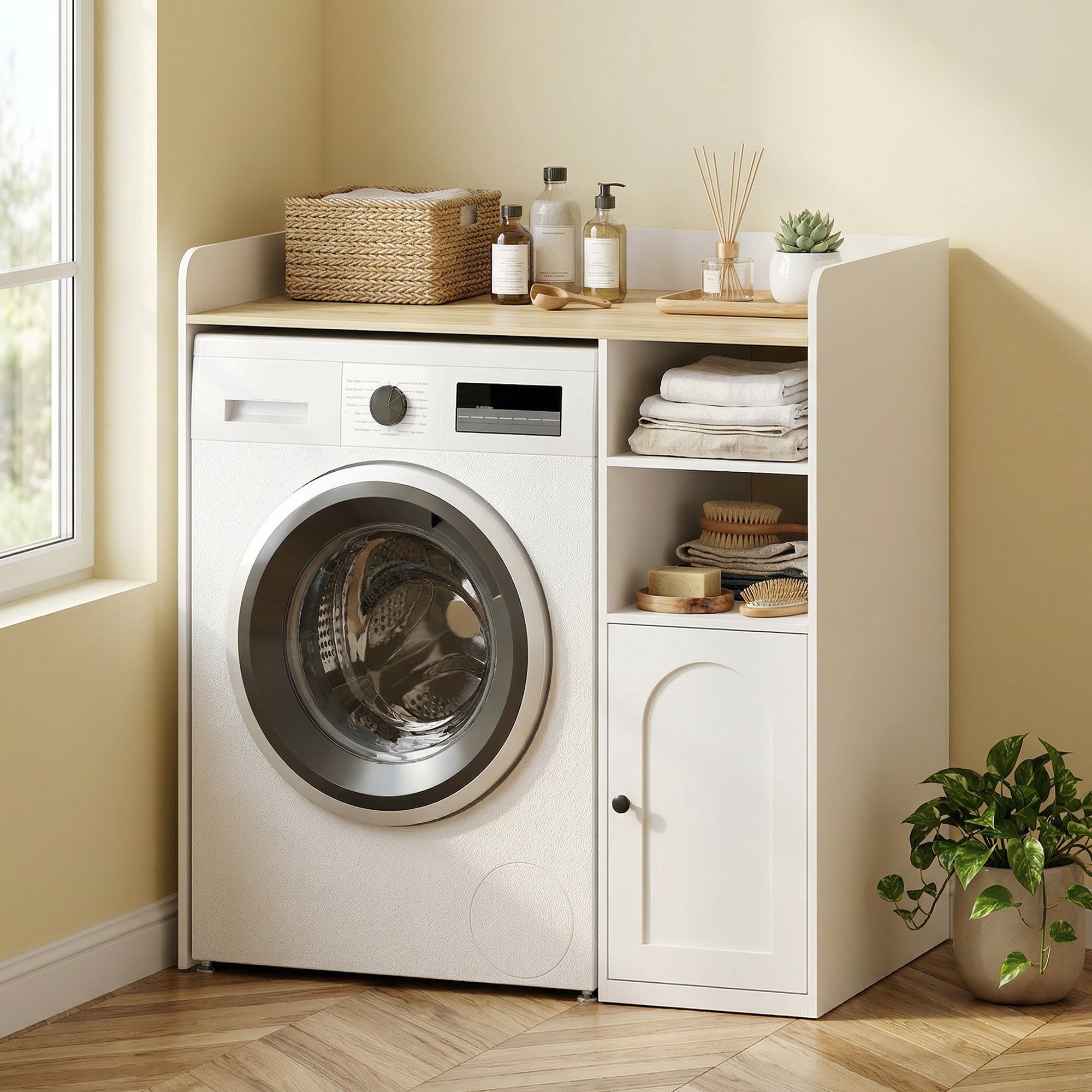 Meuble machine à laver, armoire machine a laver avec compartiments ouverts, porte à fermeture douce et large plateau, meuble de salle de bain et buanderie, 93,5 x 60 x 100 cm, blanc