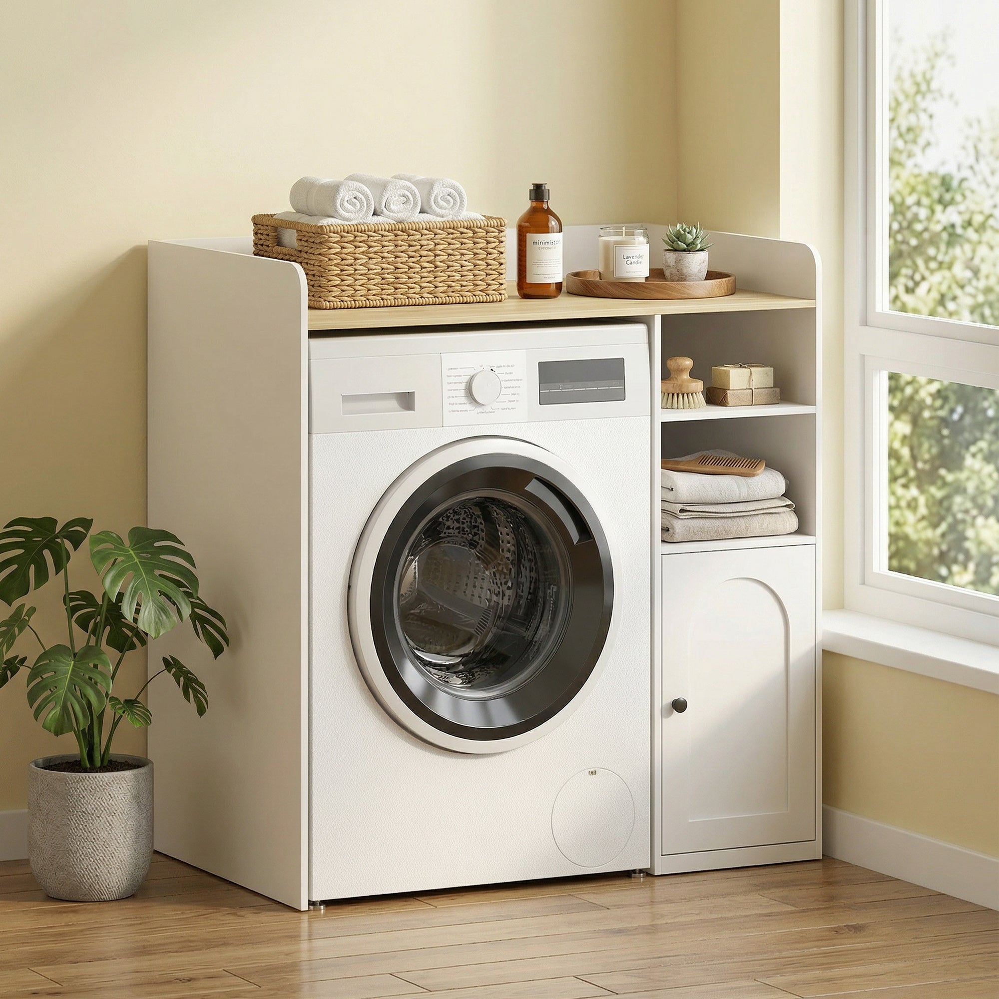 Meuble machine à laver, armoire machine a laver avec compartiments ouverts, porte à fermeture douce et large plateau, meuble de salle de bain et buanderie, 93,5 x 60 x 100 cm, blanc