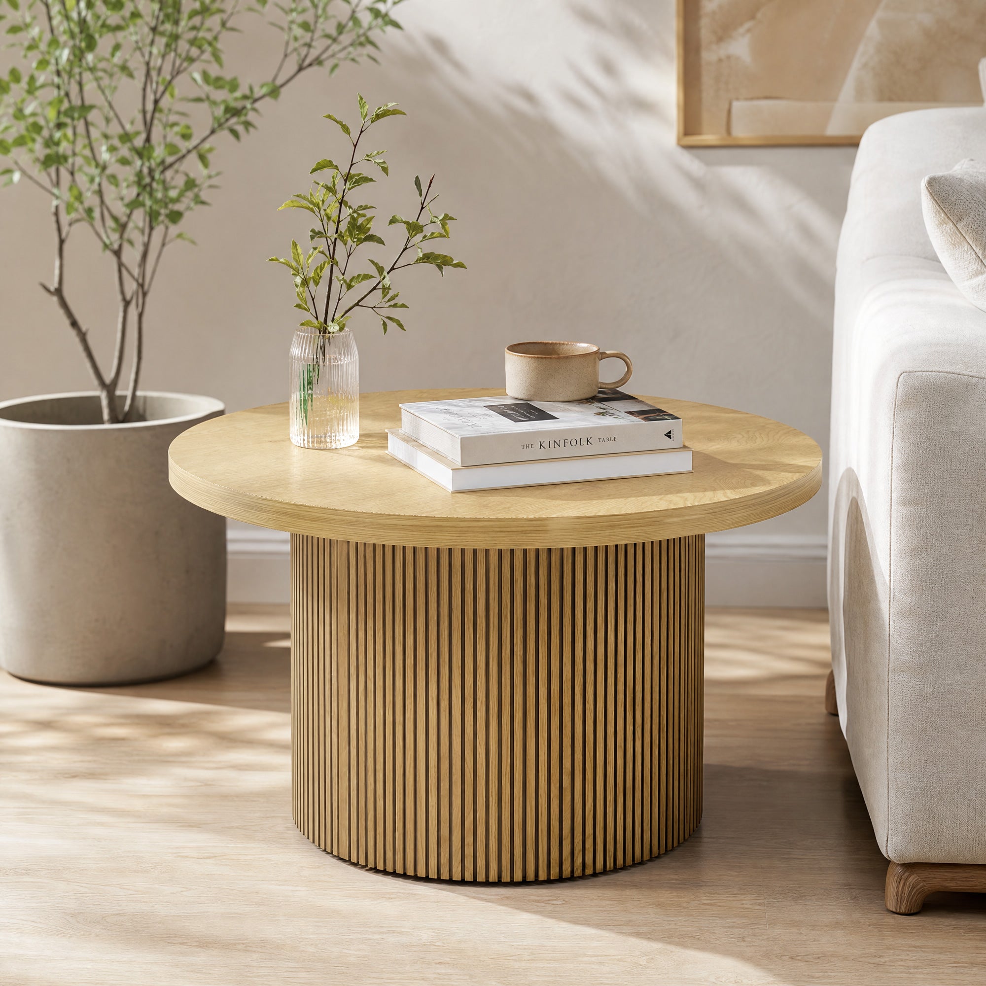 Table basse ronde en bois, table de salon avec piètement cannelé, style moderne, pour chambre, séjour et bureau, 80 x 80 x 45 cm, effet bois naturel