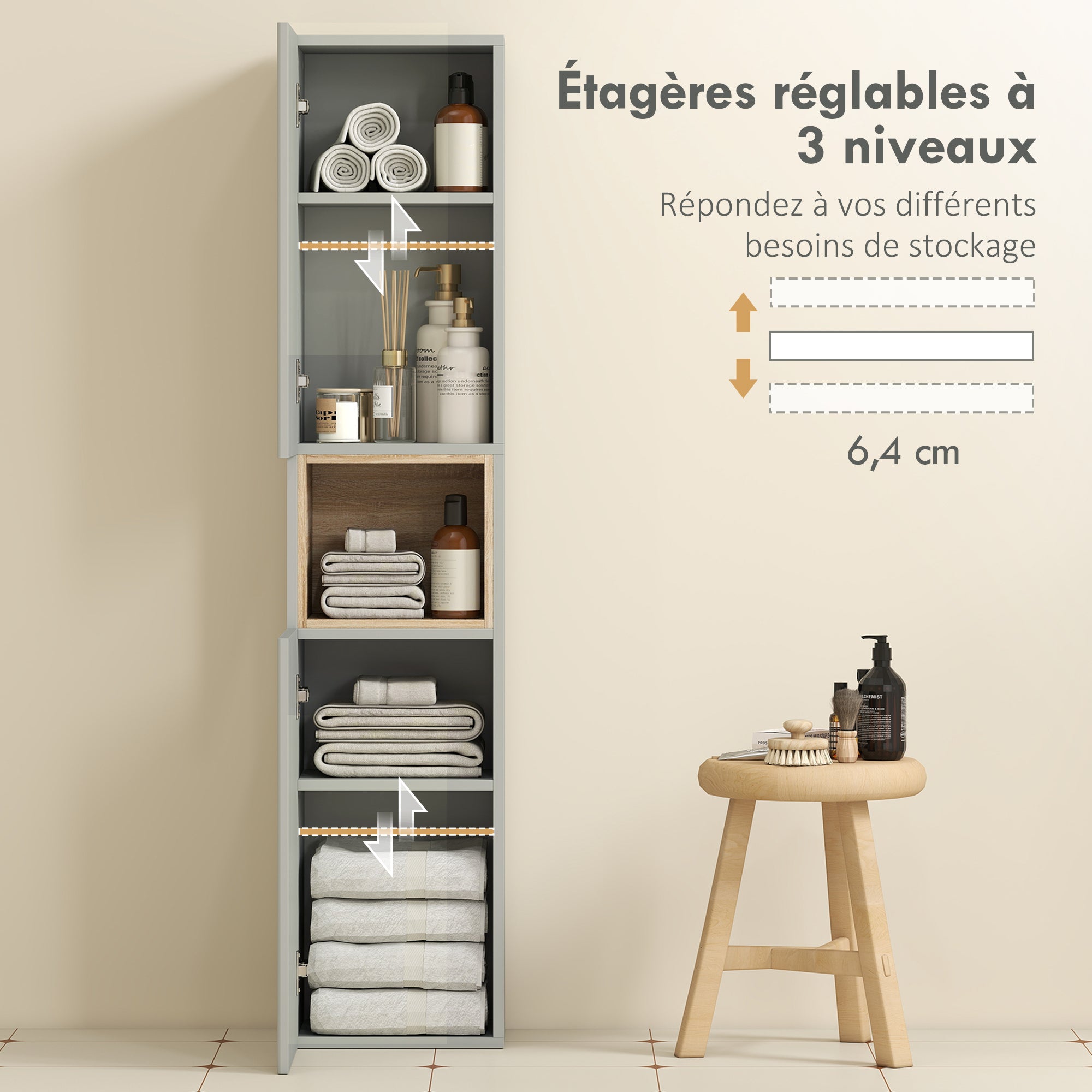 Meuble colonne salle de bain, meuble de rangement étroit avec 2 portes, compartiment ouvert et étagères réglables, pour toilette, petits espaces, 30 x 24 x 140 cm, vert