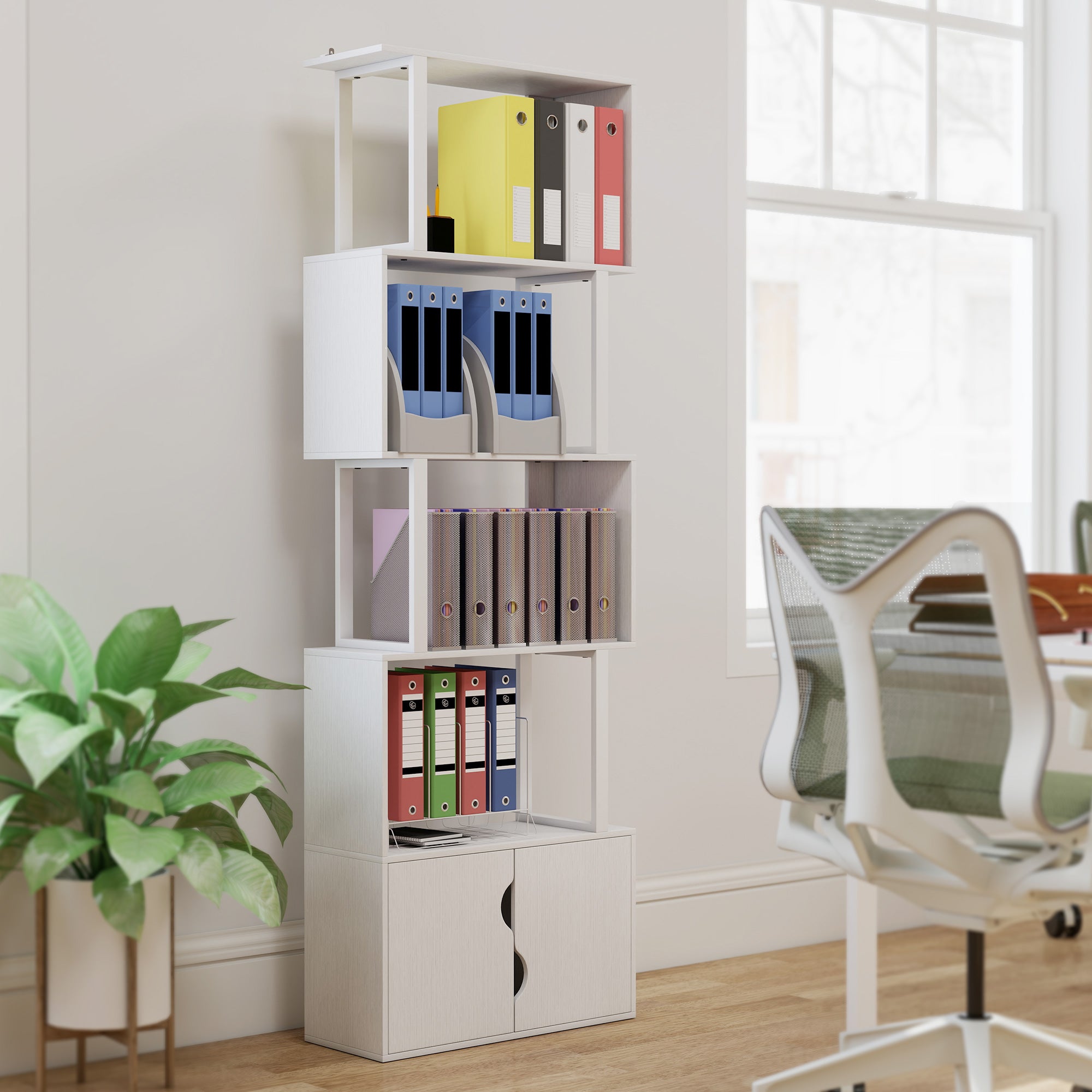 Bibliothèque à 5 niveaux, meuble de rangement en forme de S avec étagères et placard double porte, étagère de rangement pour salon, chambre bureau, 60 x 23,8 x 179,2 cm, blanc