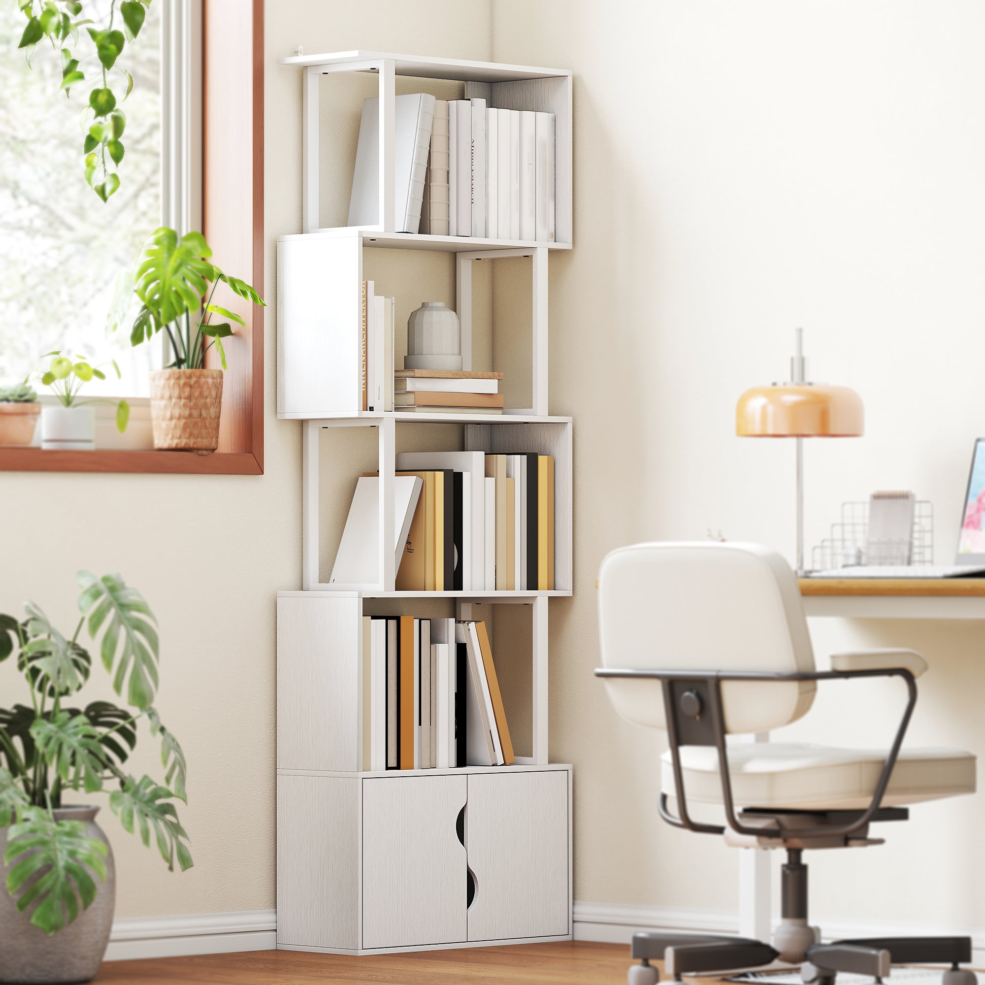 Bibliothèque à 5 niveaux, meuble de rangement en forme de S avec étagères et placard double porte, étagère de rangement pour salon, chambre bureau, 60 x 23,8 x 179,2 cm, blanc