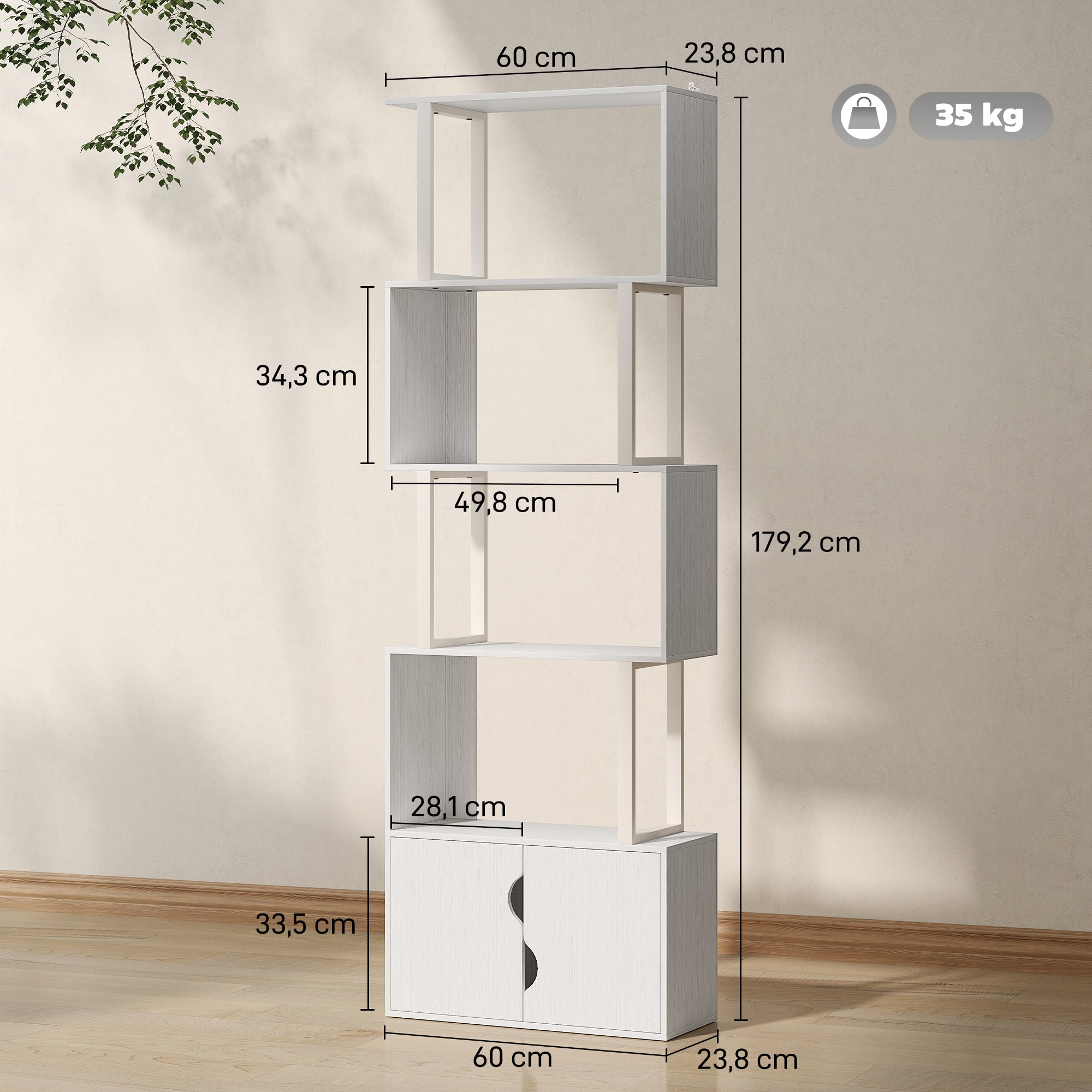 Bibliothèque à 5 niveaux, meuble de rangement en forme de S avec étagères et placard double porte, étagère de rangement pour salon, chambre bureau, 60 x 23,8 x 179,2 cm, blanc
