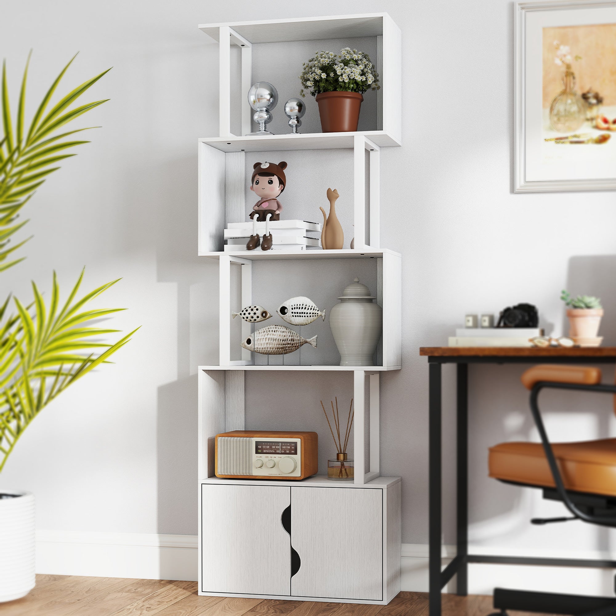 Bibliothèque à 5 niveaux, meuble de rangement en forme de S avec étagères et placard double porte, étagère de rangement pour salon, chambre bureau, 60 x 23,8 x 179,2 cm, blanc
