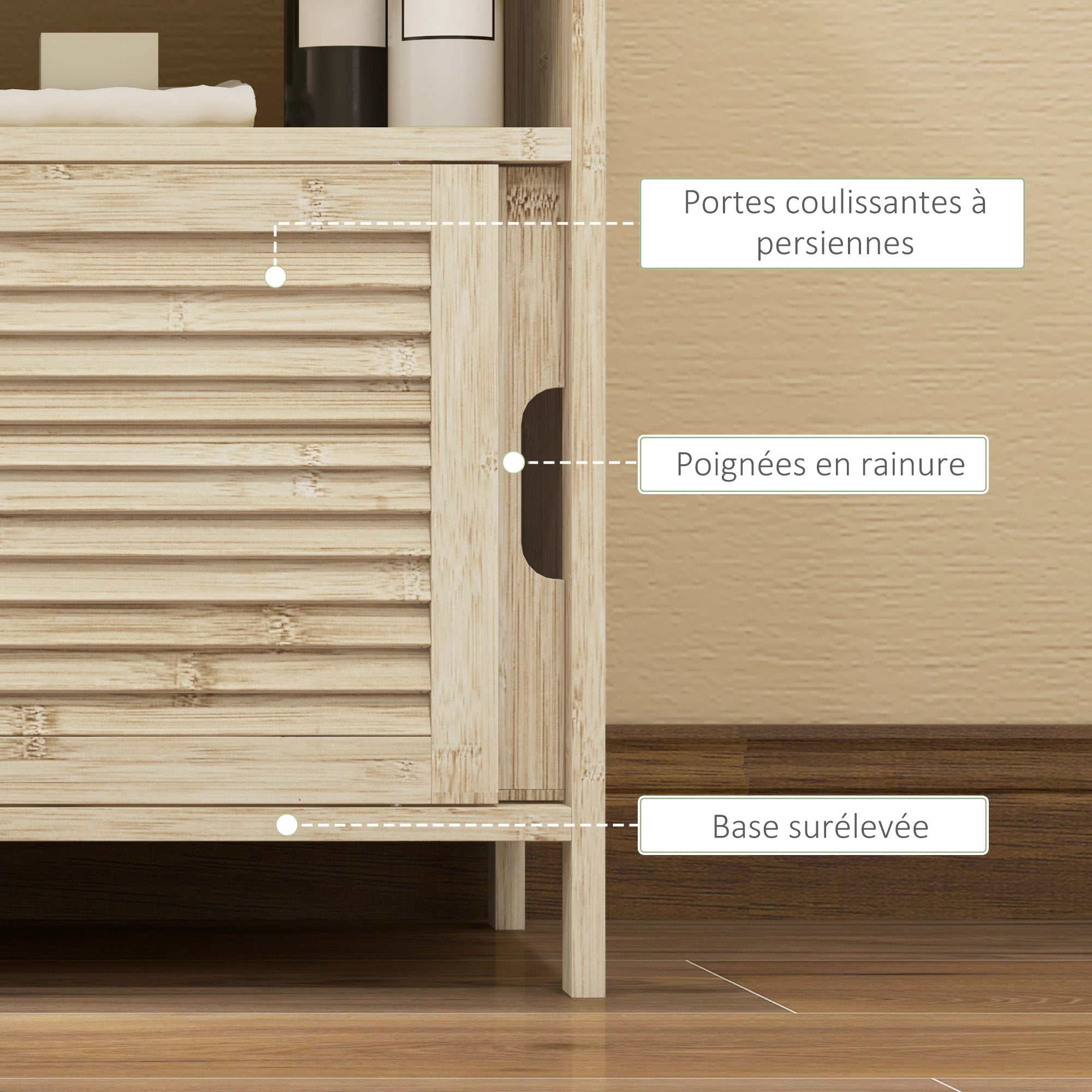 Meuble sous lavabo en Bambou, Meuble de Rangement pour Salle de Bain avec 2 Portes coulissantes, 60 x 30 x 60 cm, Bois Naturel