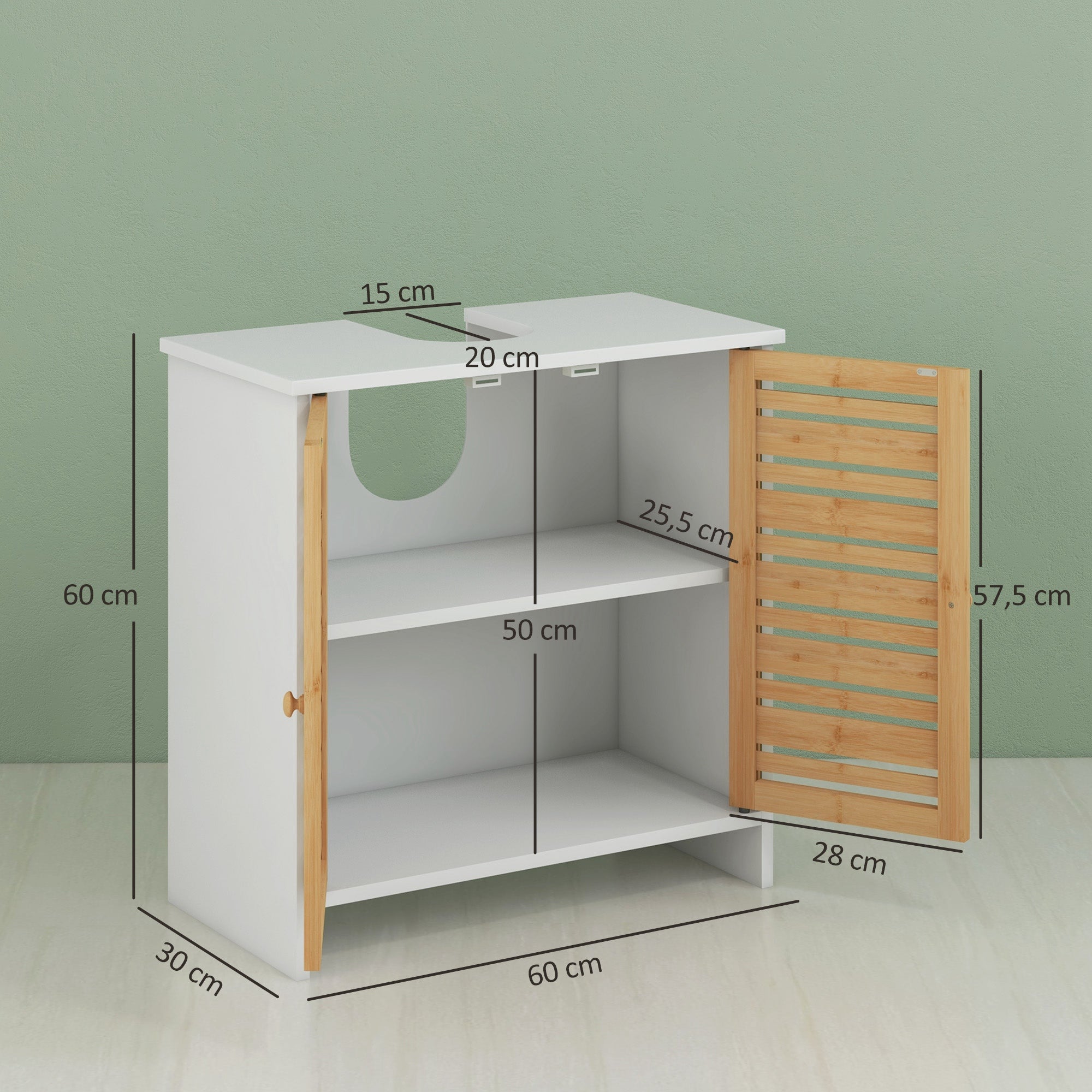Meuble sous vasque meuble de salle de bain 2 portes avec étagère réglable armoire de rangement pour lavabo 60 x 30 x 60 cm en bambou naturel et blanc