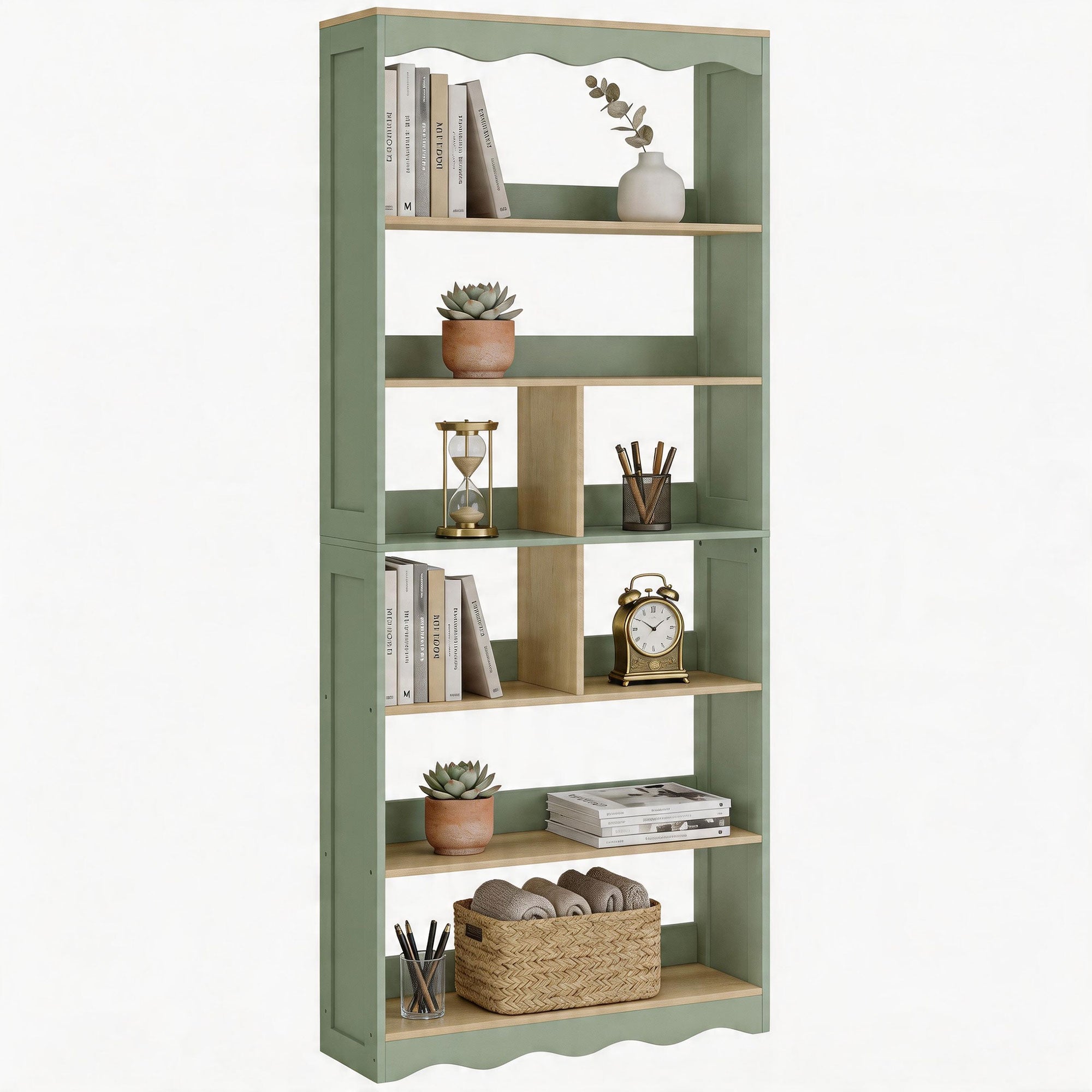 Bibliothèque, étagère de rangement à 6 niveaux avec 6 compartiments ouverts, meuble de rangement pour salon, bureau, chambre, 76 x 23,8 x 180 cm, bois naturel et vert