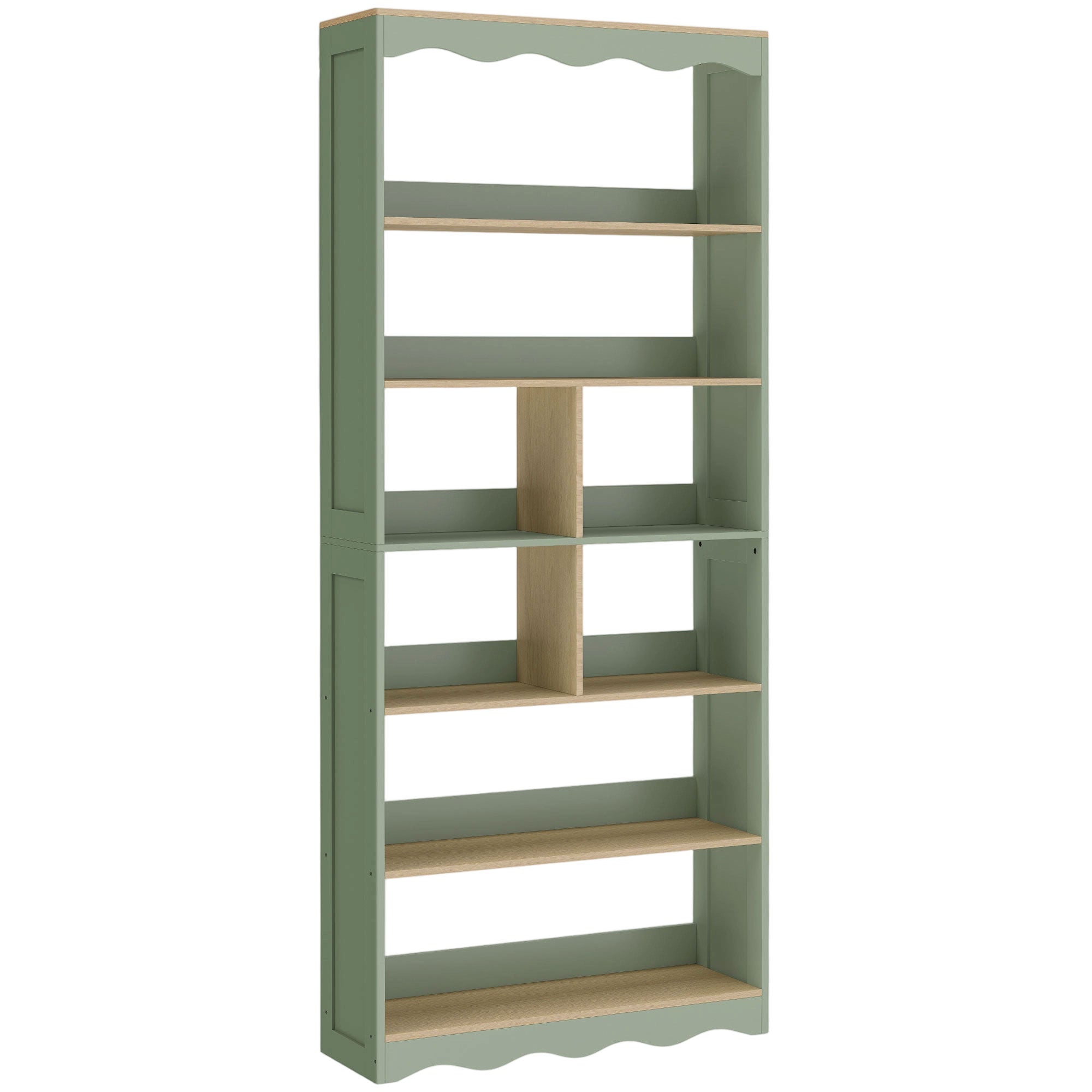 Bibliothèque, étagère de rangement à 6 niveaux avec 6 compartiments ouverts, meuble de rangement pour salon, bureau, chambre, 76 x 23,8 x 180 cm, bois naturel et vert
