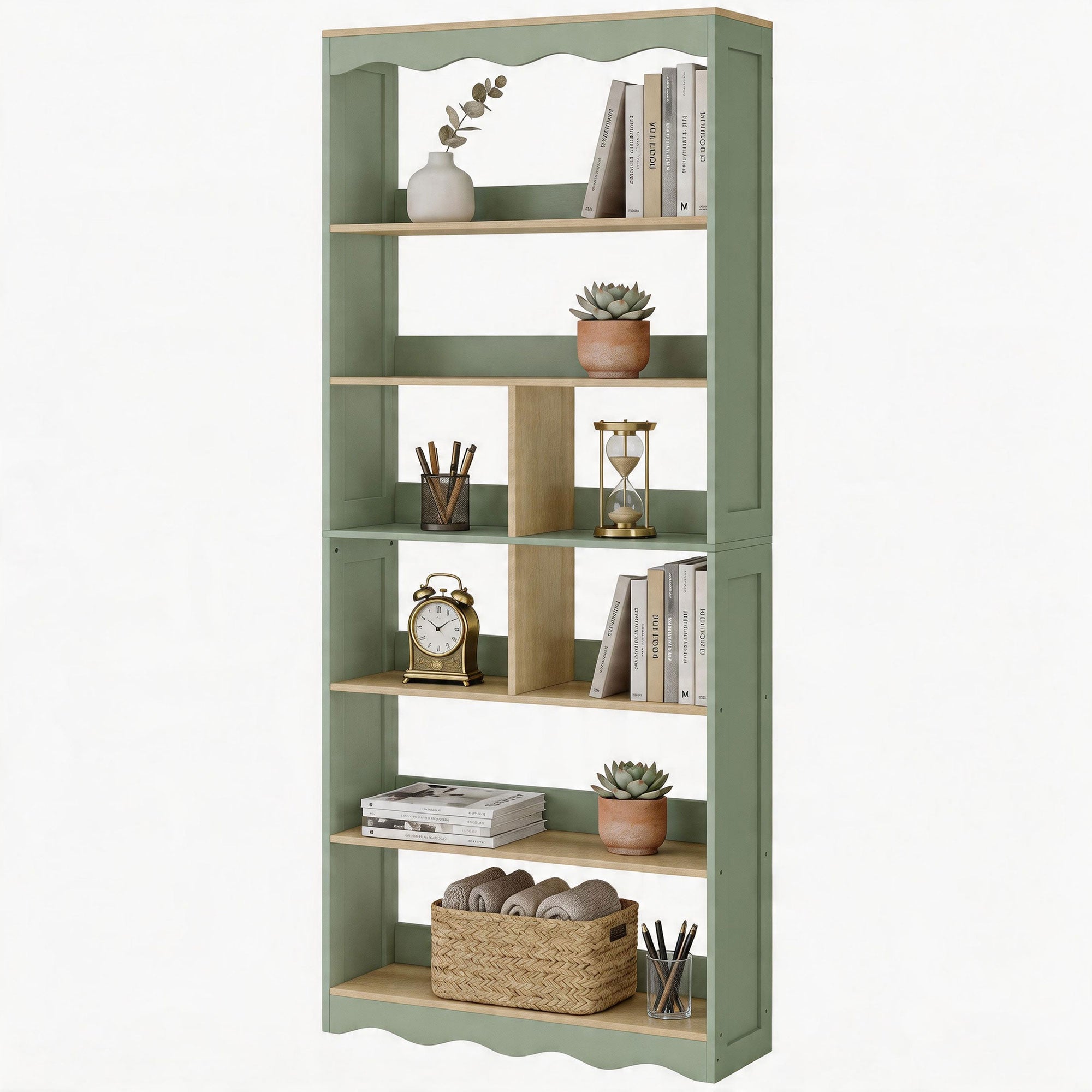 Bibliothèque, étagère de rangement à 6 niveaux avec 6 compartiments ouverts, meuble de rangement pour salon, bureau, chambre, 76 x 23,8 x 180 cm, bois naturel et vert