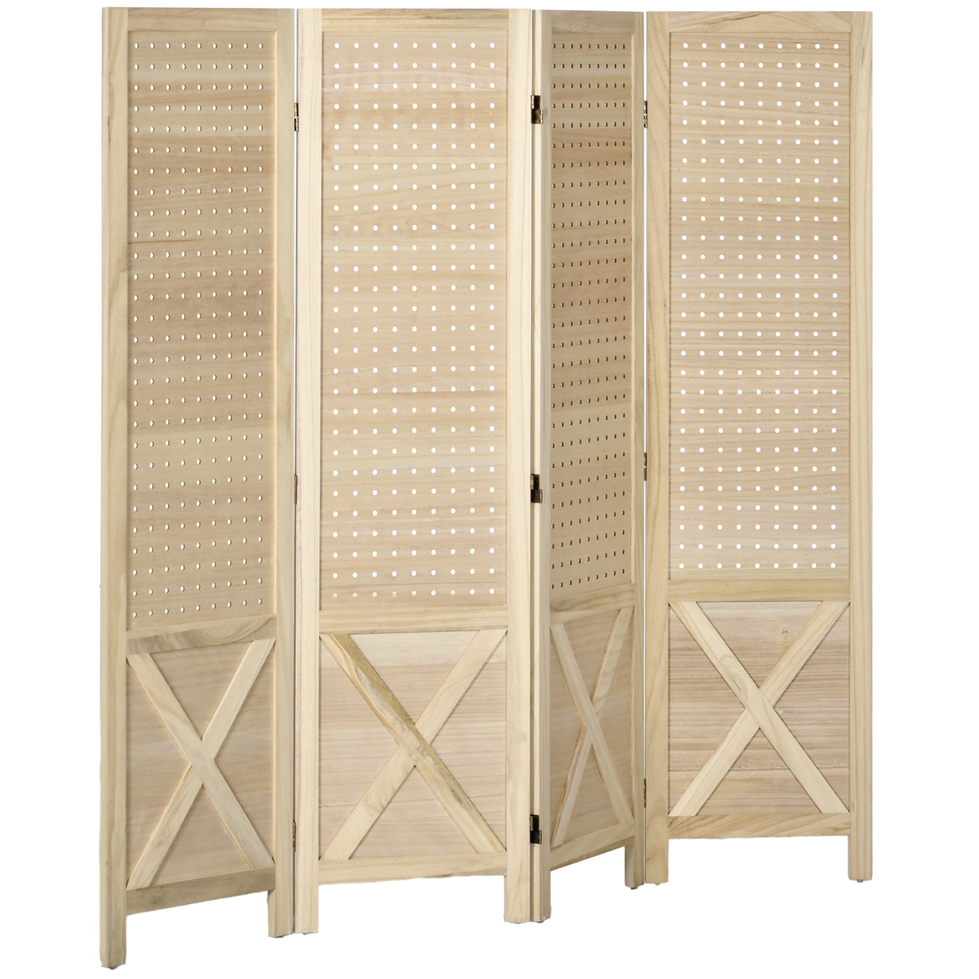 Paravent intérieur en bois, 4 panneaux, 152 x 144,5 cm, panneau perforé, séparateur de pièce pliable, Panneau perforé pour salon, chambre à coucher, maison, bois naturel
