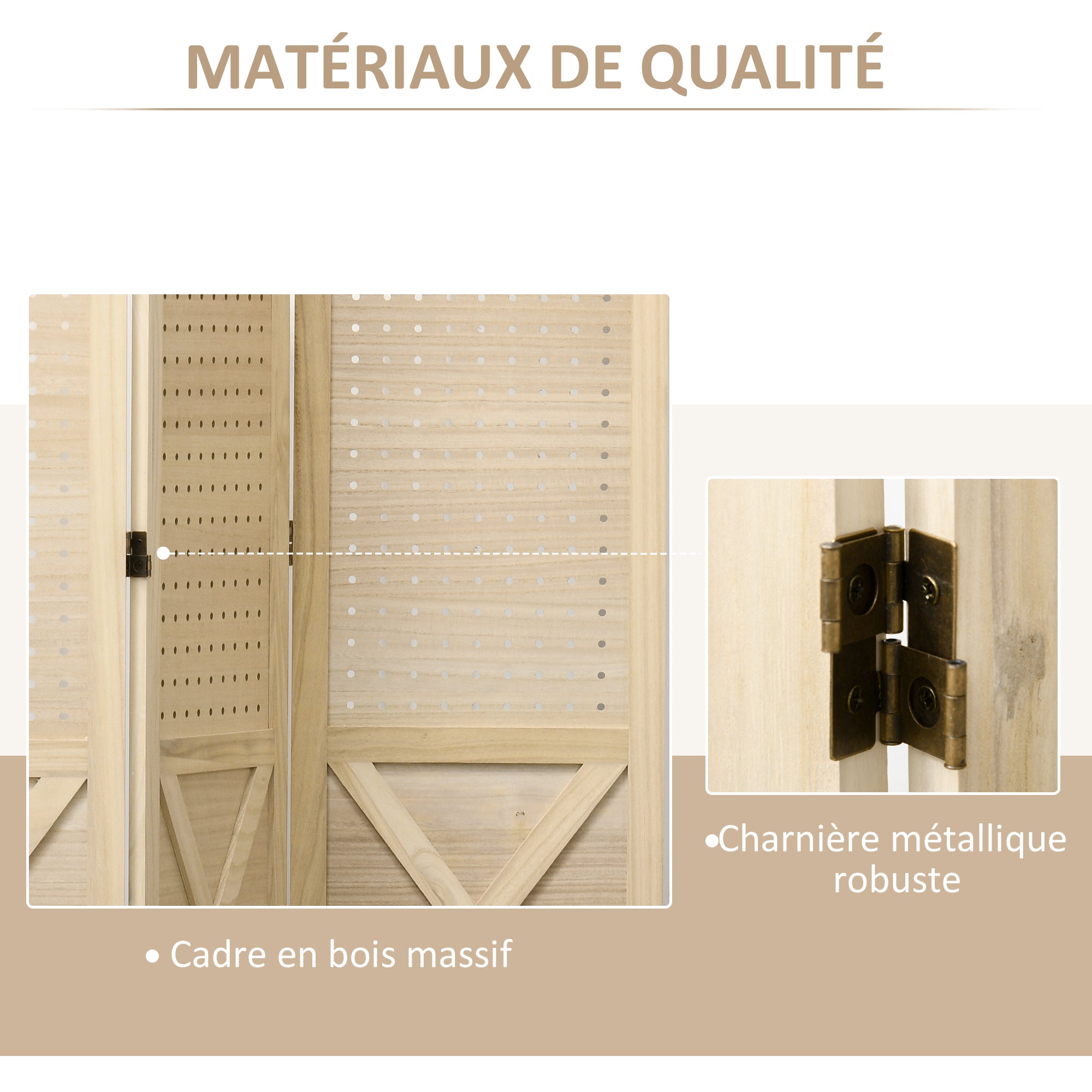 Paravent intérieur en bois, 4 panneaux, 152 x 144,5 cm, panneau perforé, séparateur de pièce pliable, Panneau perforé pour salon, chambre à coucher, maison, bois naturel