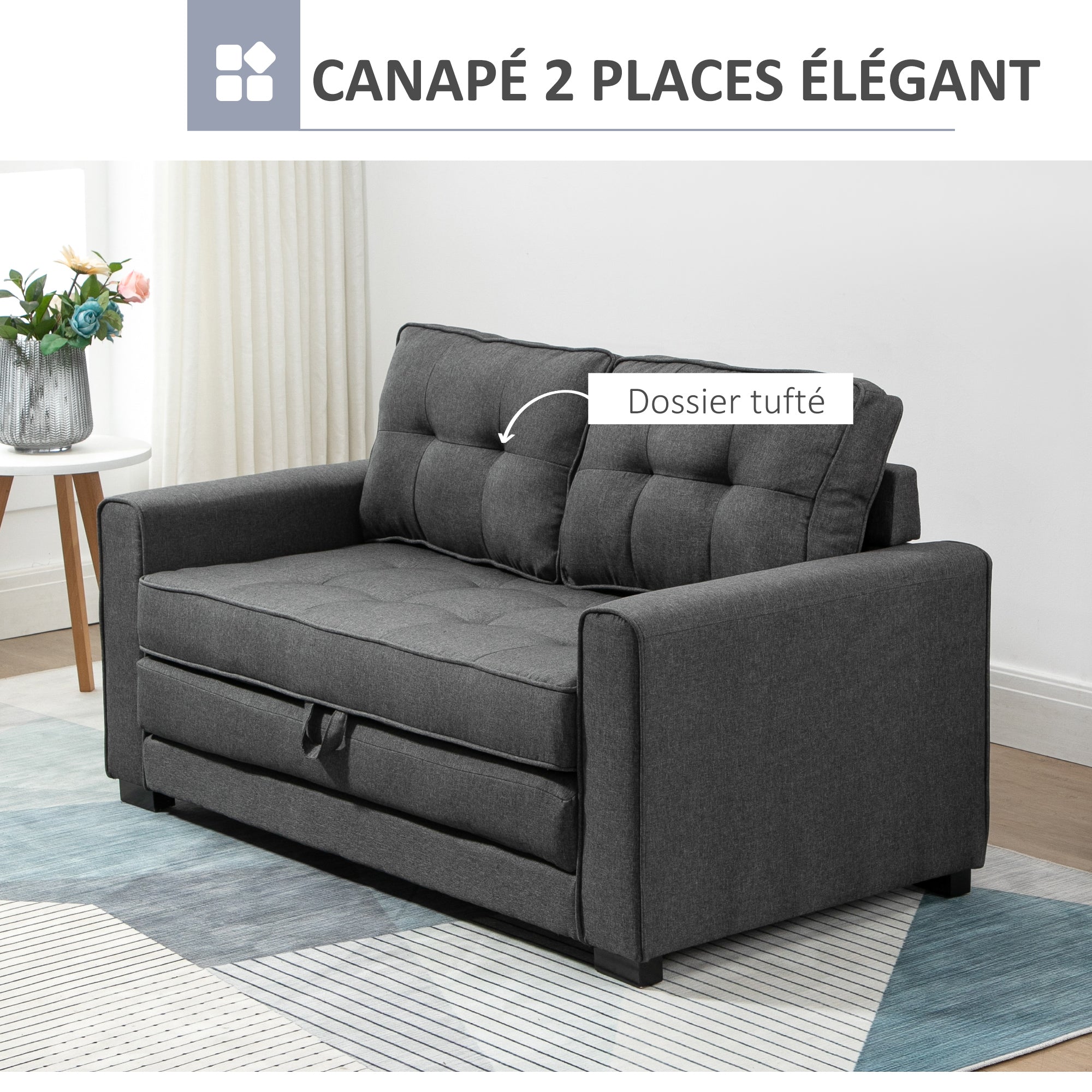 Canapé droit convertible 2 places - dossier capitonné - 147,5 x 75 x 85 cm - gris