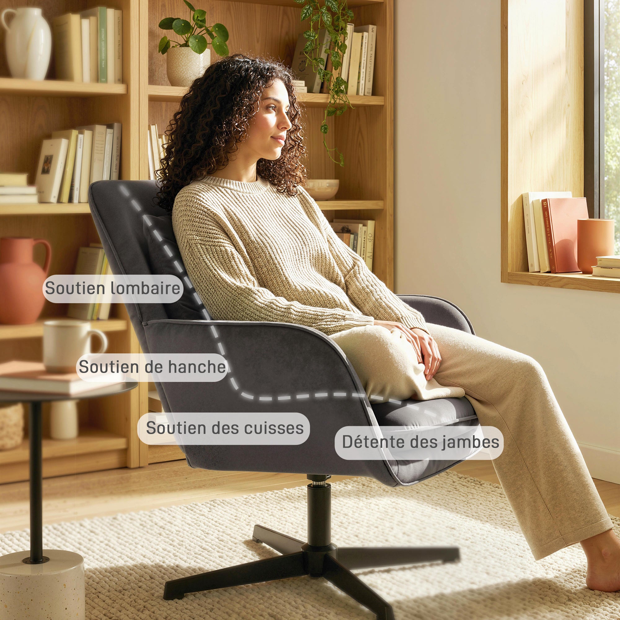 Fauteuil salon pivotant, fauteuil d'appoint rembourré en velours avec large assise, coussin et structure en métal, chaise de salon, chambre, coins lecture, gris foncé