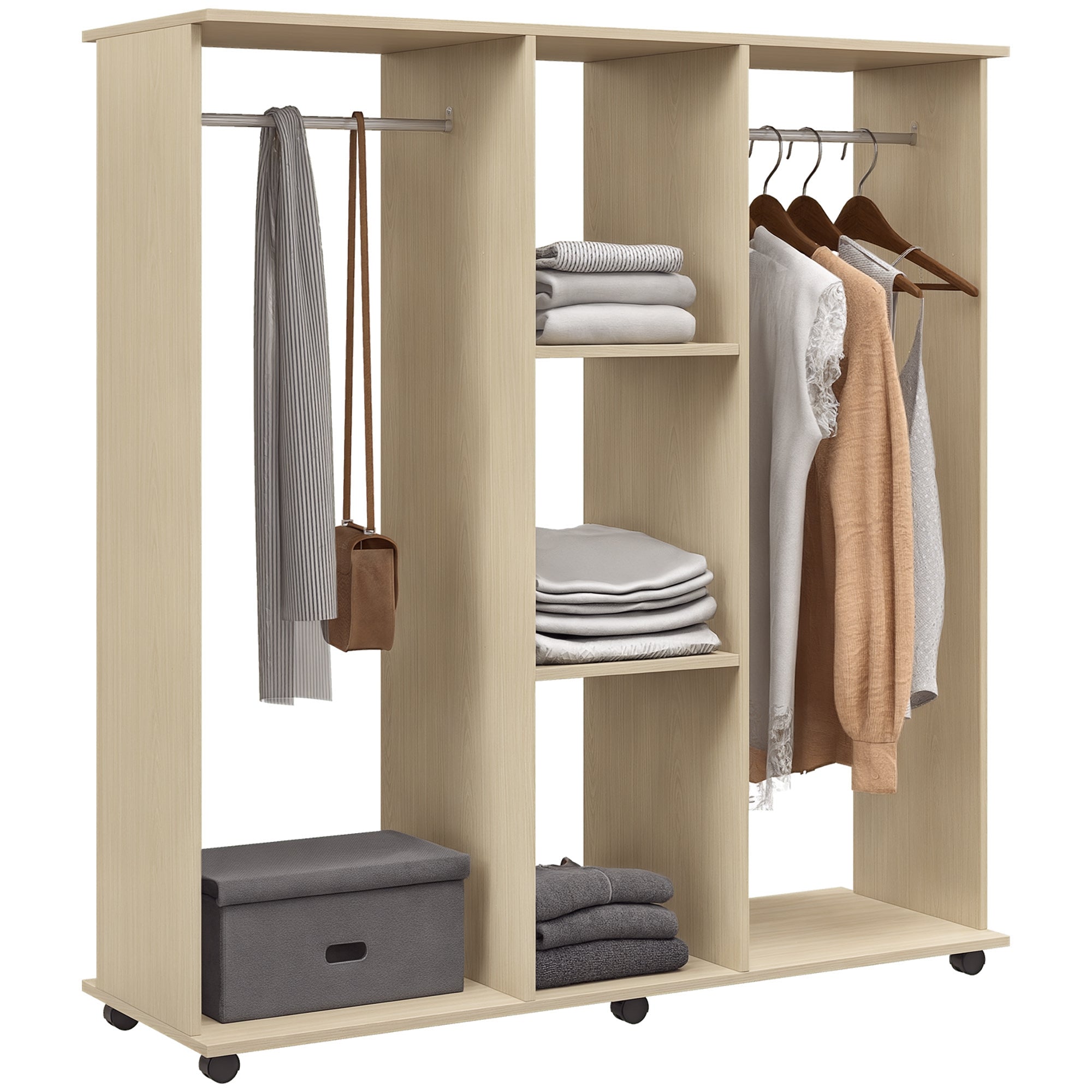 Armoire penderie Meuble de Rangement Mobile 6 roulettes 120L x 40l x 128H cm en bois Naturel